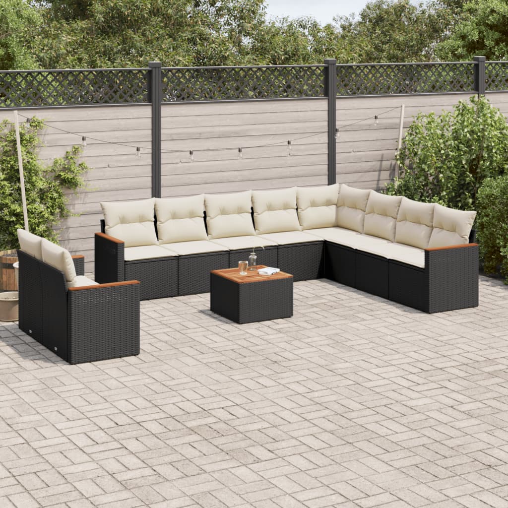 11 Pcs conjunto sofás de jardim c/ almofadões vime PE preto