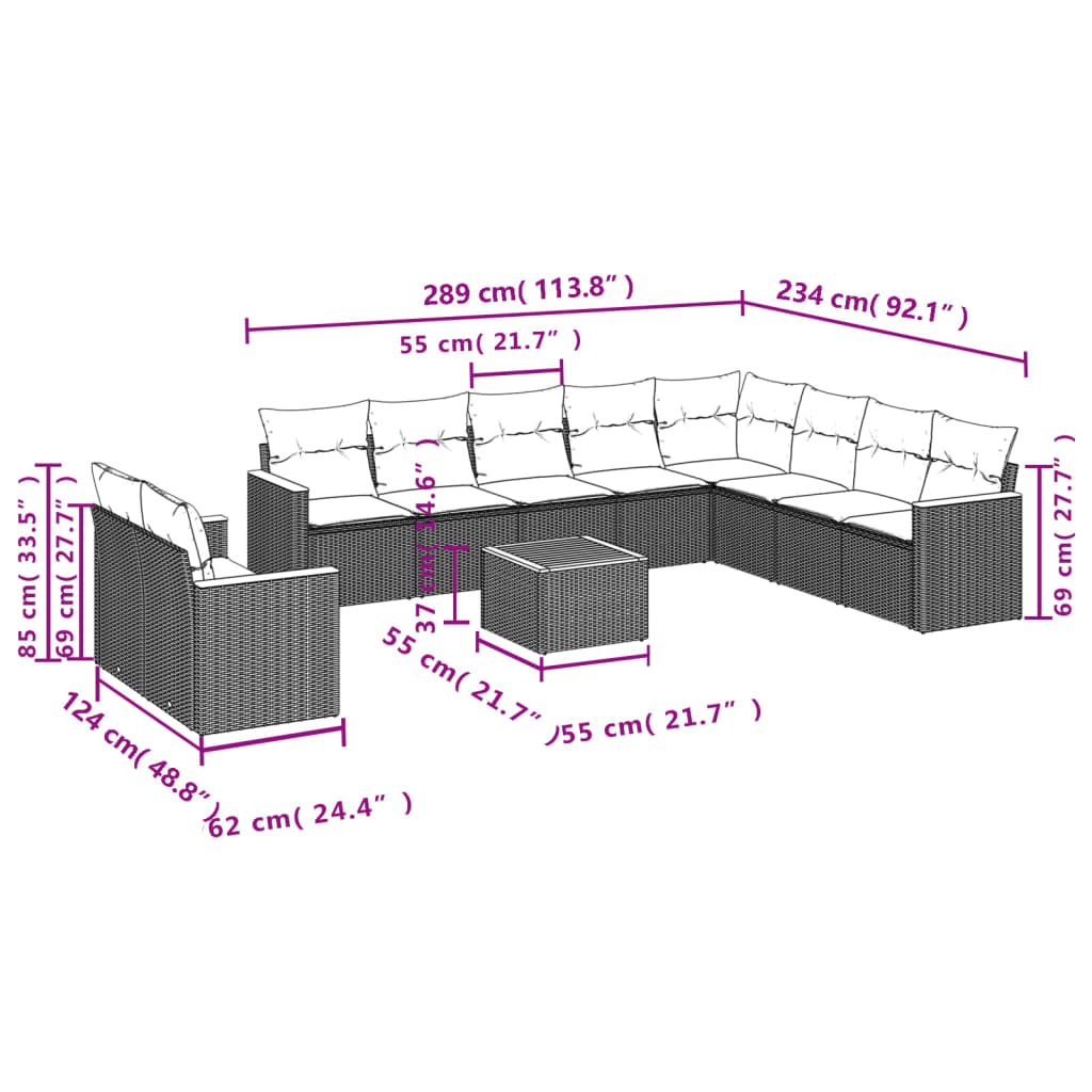 11 Pcs conjunto sofás de jardim c/ almofadões vime PE preto