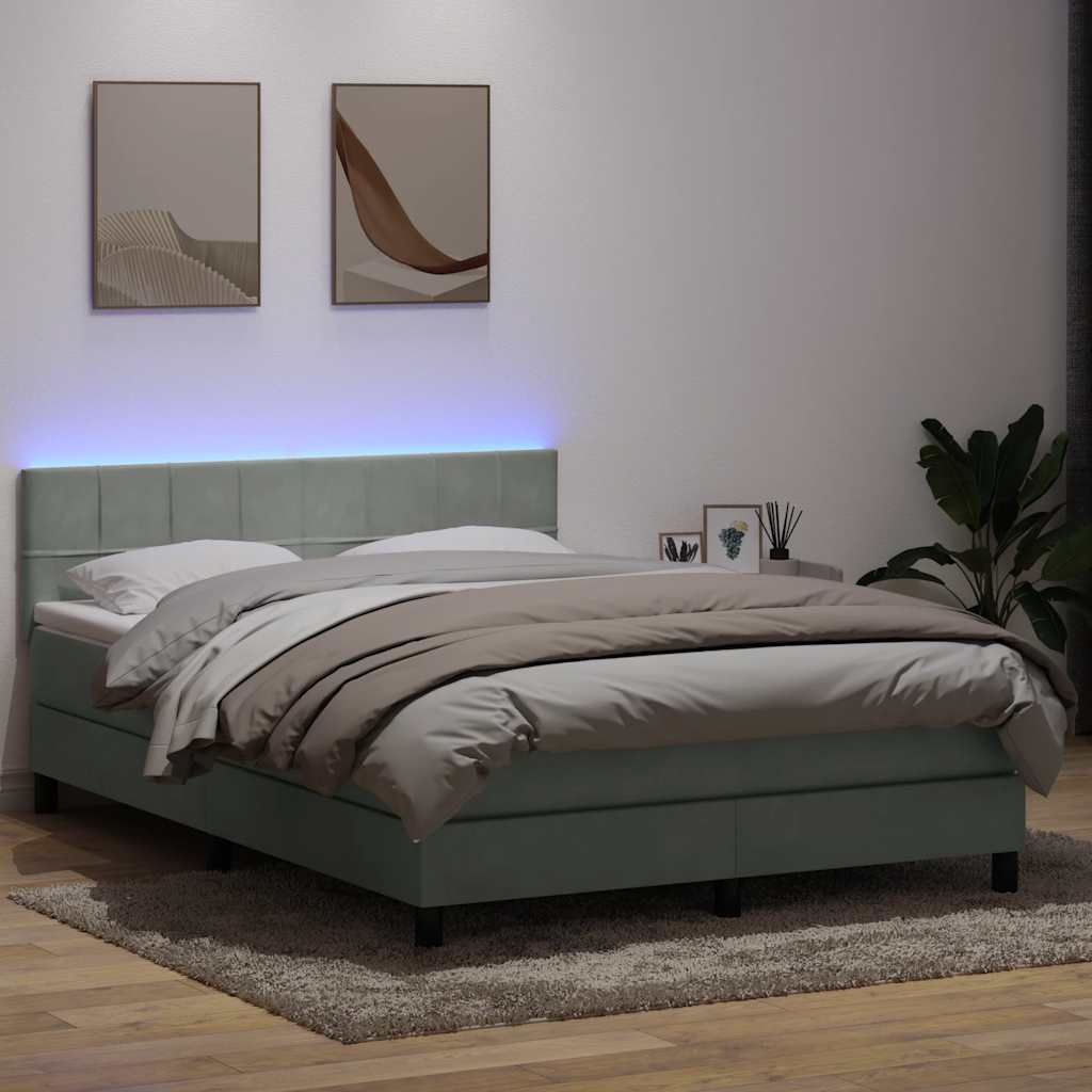 Cama box spring c/ colchão e LED 160x210 cm veludo cinzento-claro