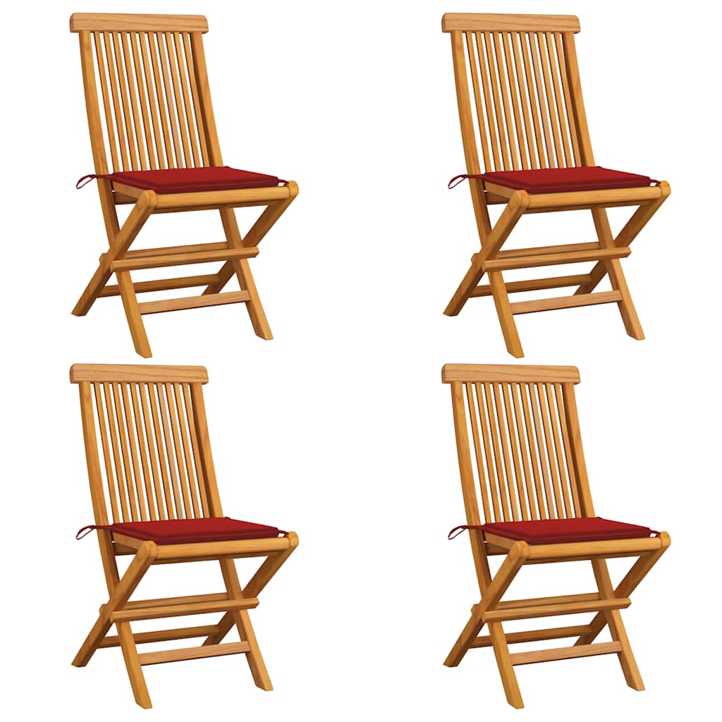 Cadeiras de jardim c/ almofadões vermelhos 4 pcs teca maciça
