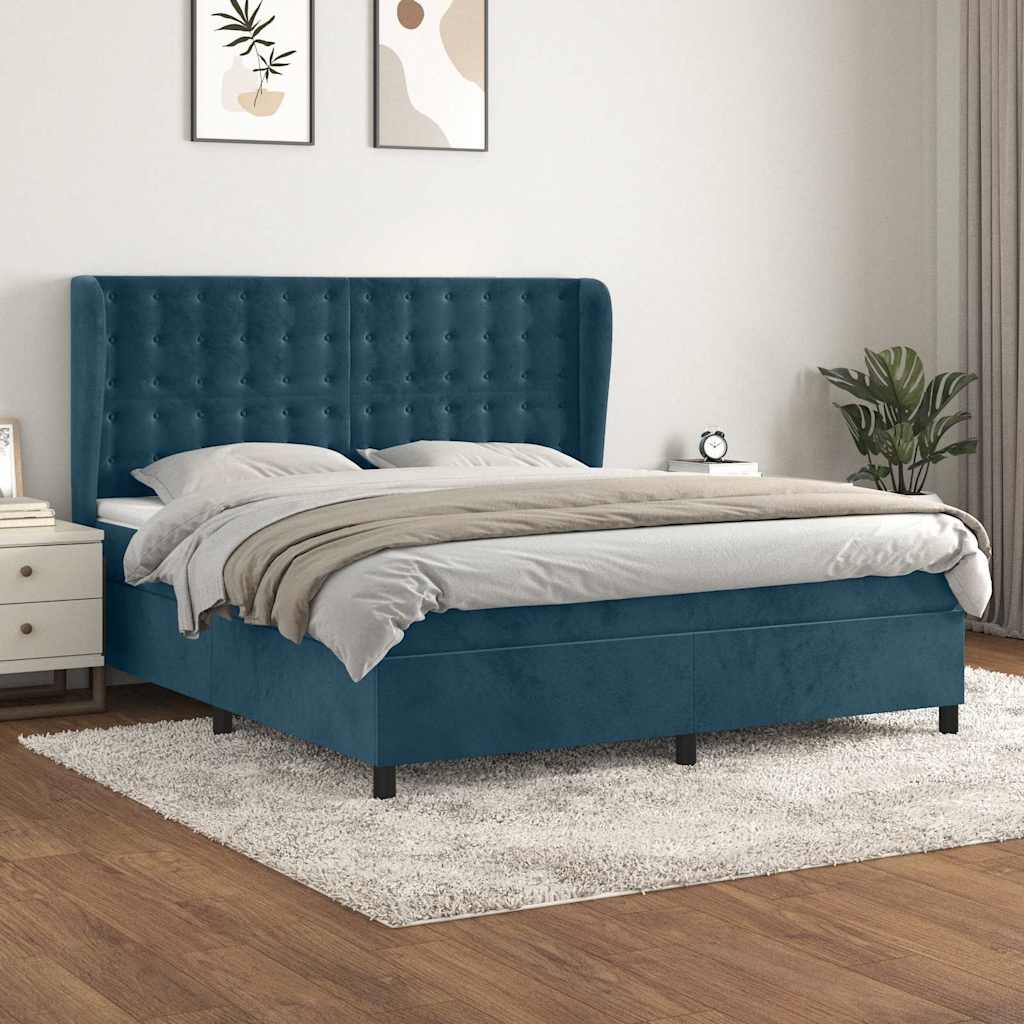 Cama com molas/colchão 160x200 cm veludo azul-escuro