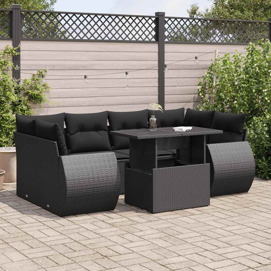 7 Pcs conjunto de sofás p/ jardim c/ almofadões vime PE preto