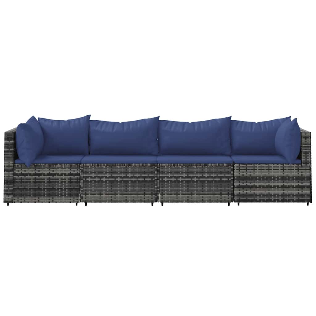 4 Pcs conjunto lounge de jardim c/ almofadões vime PE cinzento
