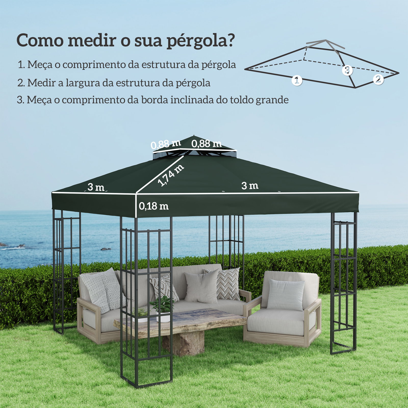 Toldo de substituição para pérgola 3x3 m toldo de substituição com teto duplo proteção UV 30+ toldo para pérgola verde