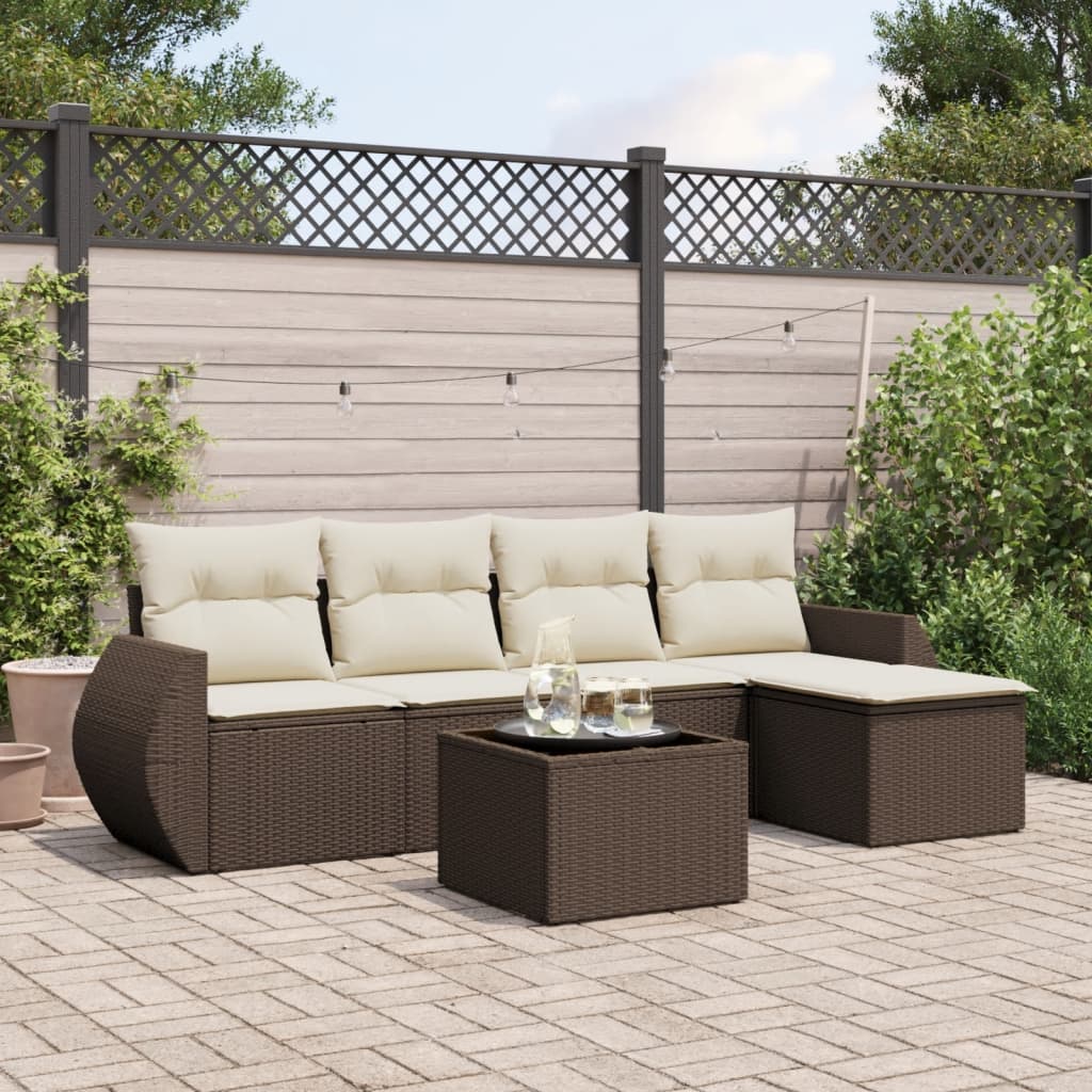 6 Pcs conjunto de sofás jardim c/ almofadões vime PE castanho