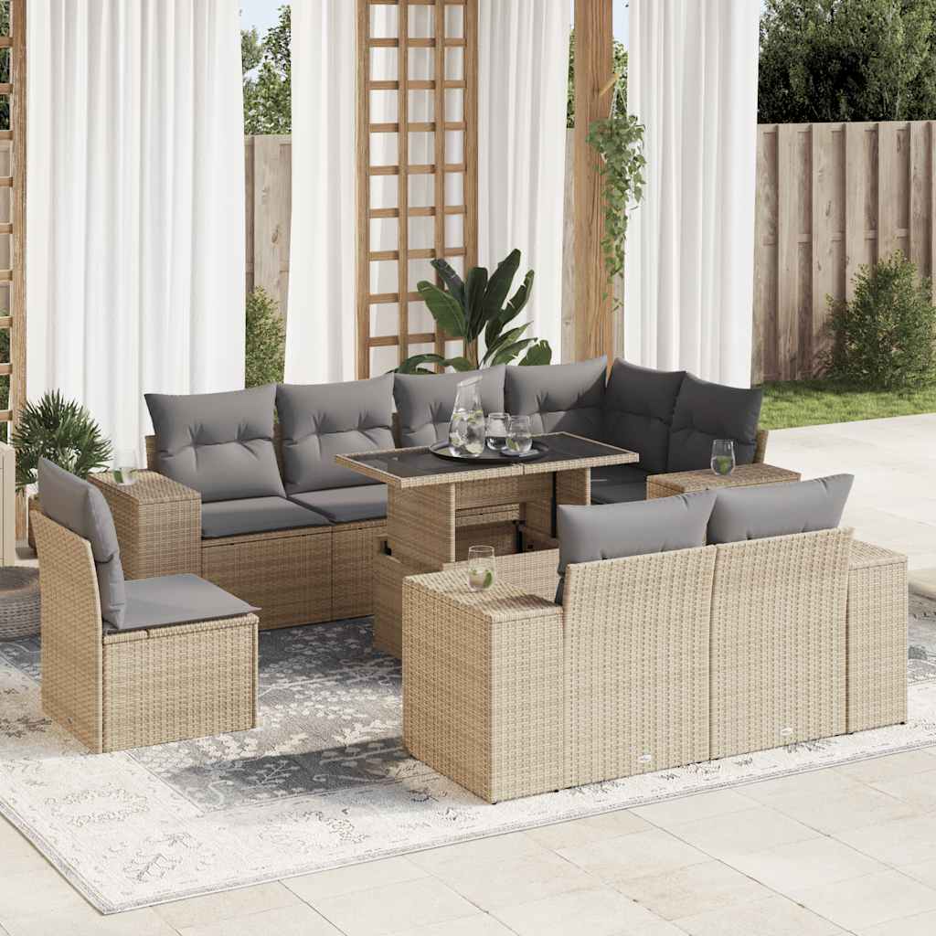 9 Pcs conjunto de sofás p/ jardim com almofadões vime PE bege