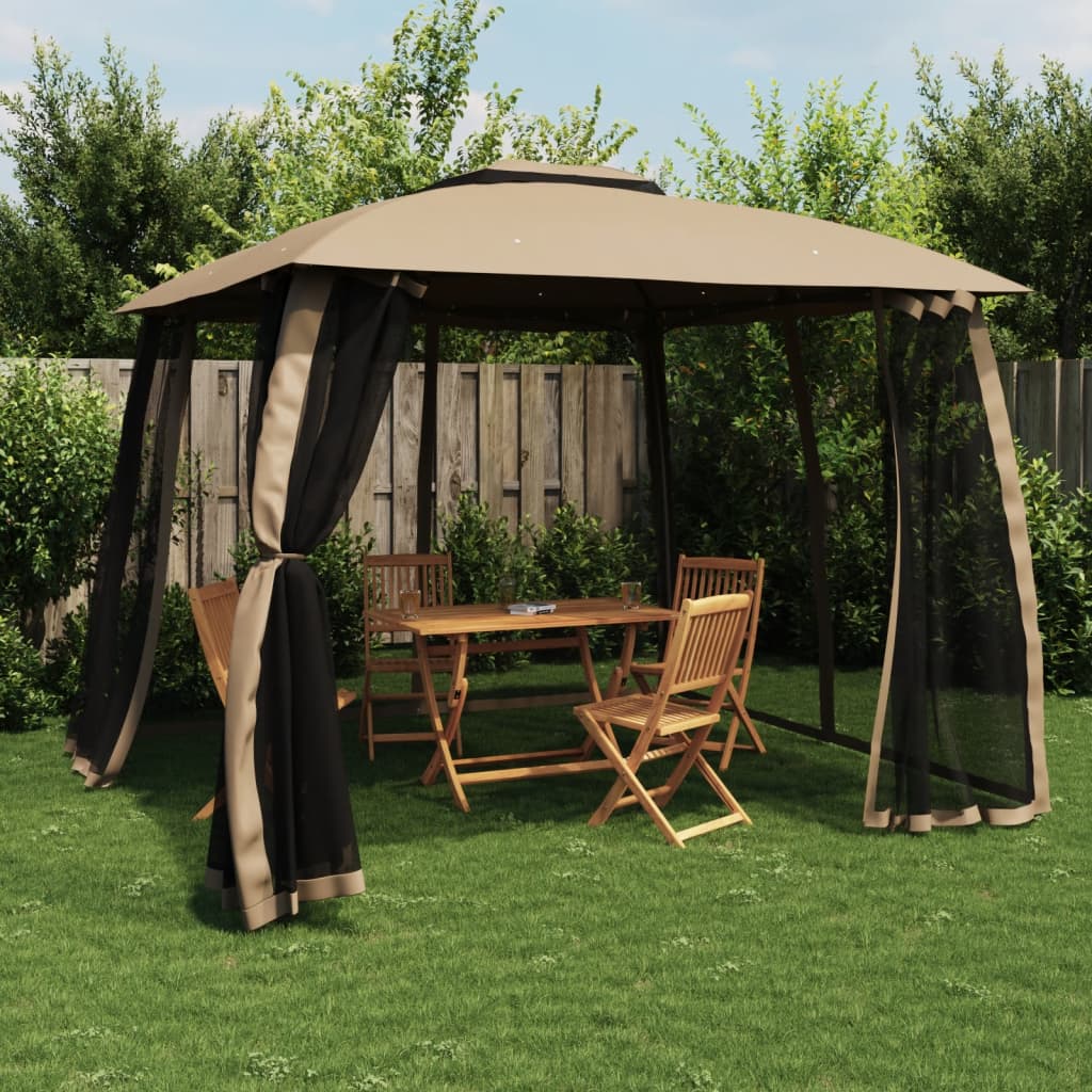Gazebo c/ teto duplo/paredes de malha aço cinzento-acastanhado