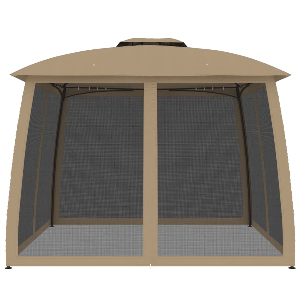 Gazebo c/ teto duplo/paredes de malha aço cinzento-acastanhado