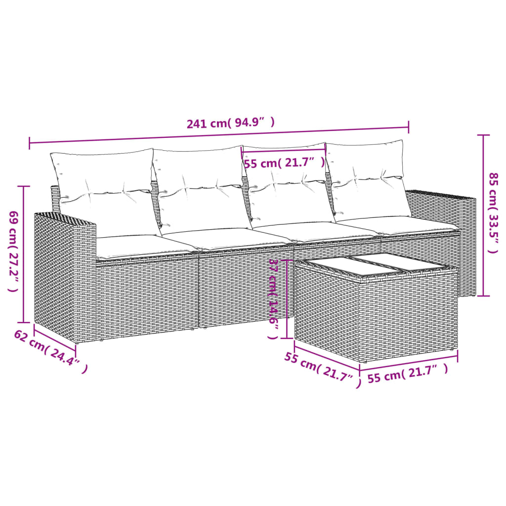 5 Pcs conjunto sofás de jardim c/ almofadões vime PE cinzento