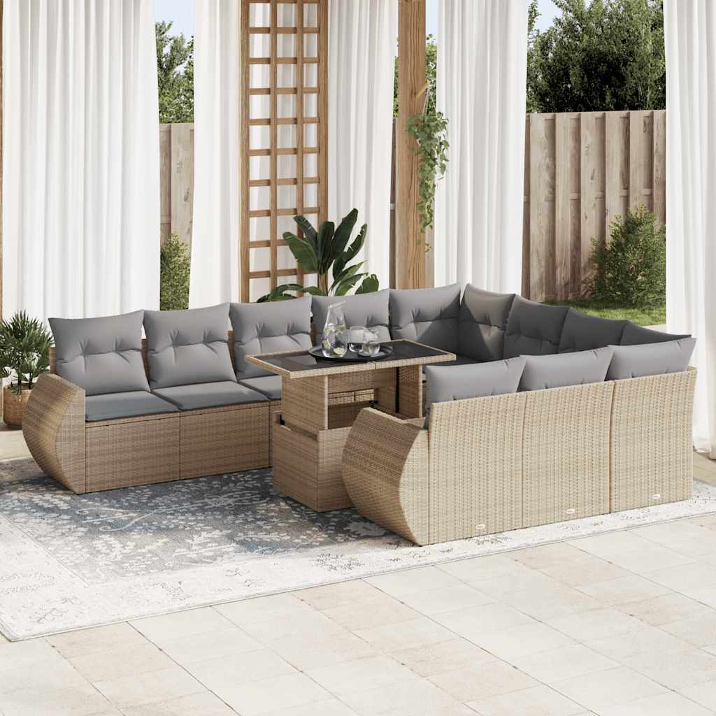 11 Pcs conjunto sofás de jardim c/ almofadões vime PE bege