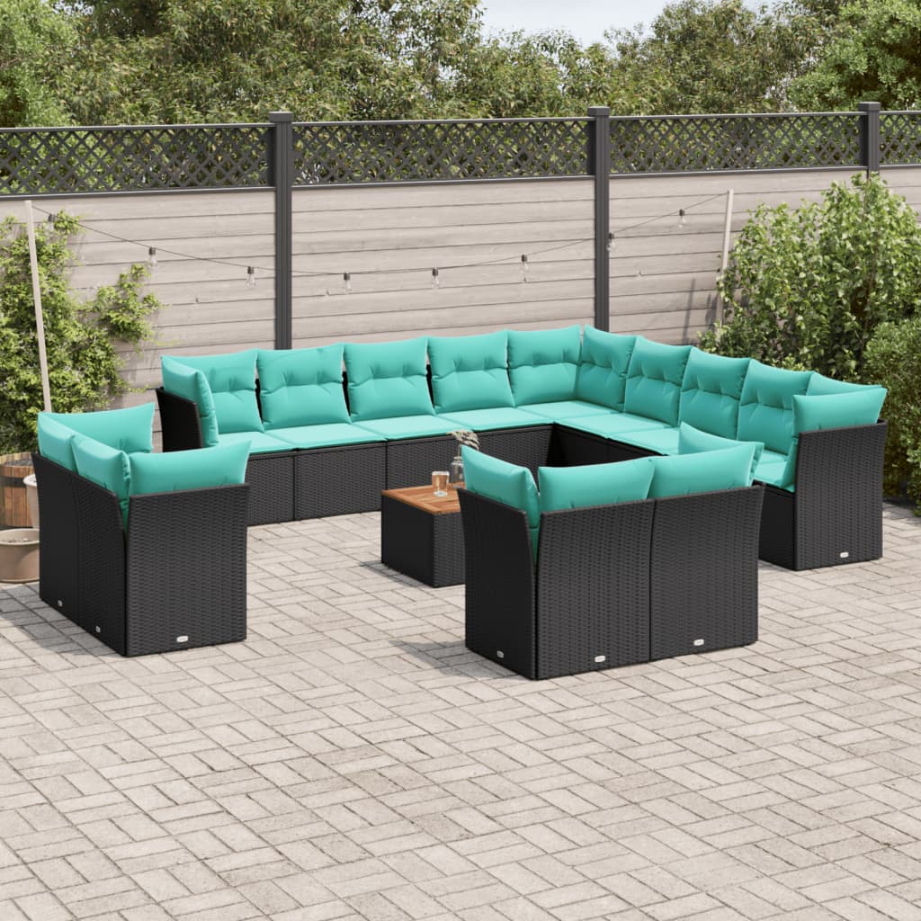 14 Pcs conjunto de sofás p/ jardim c/ almofadões vime PE preto