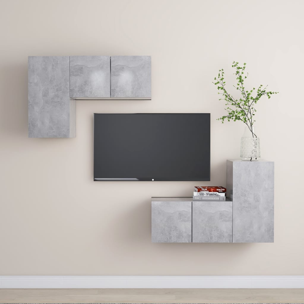 4 Pcs conjunto de móveis de TV contraplacado cinzento cimento