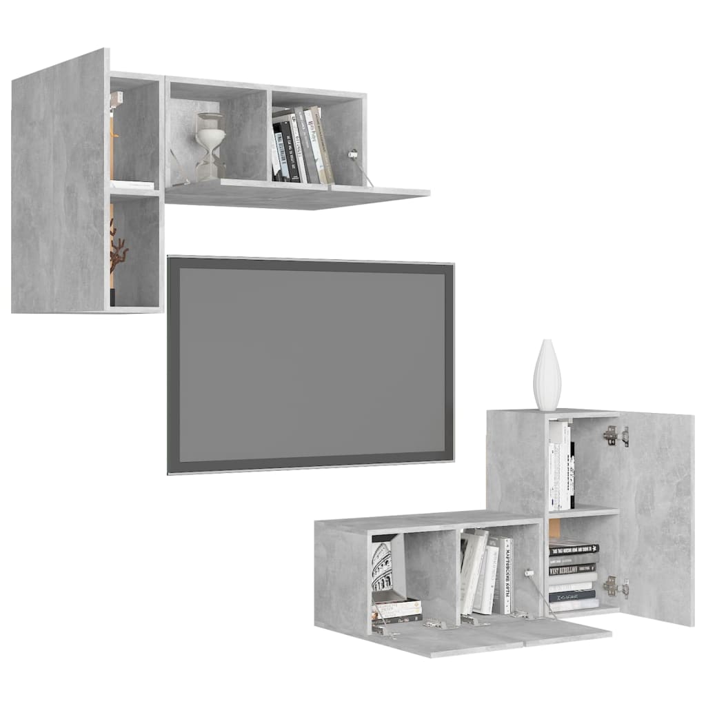 4 Pcs conjunto de móveis de TV contraplacado cinzento cimento