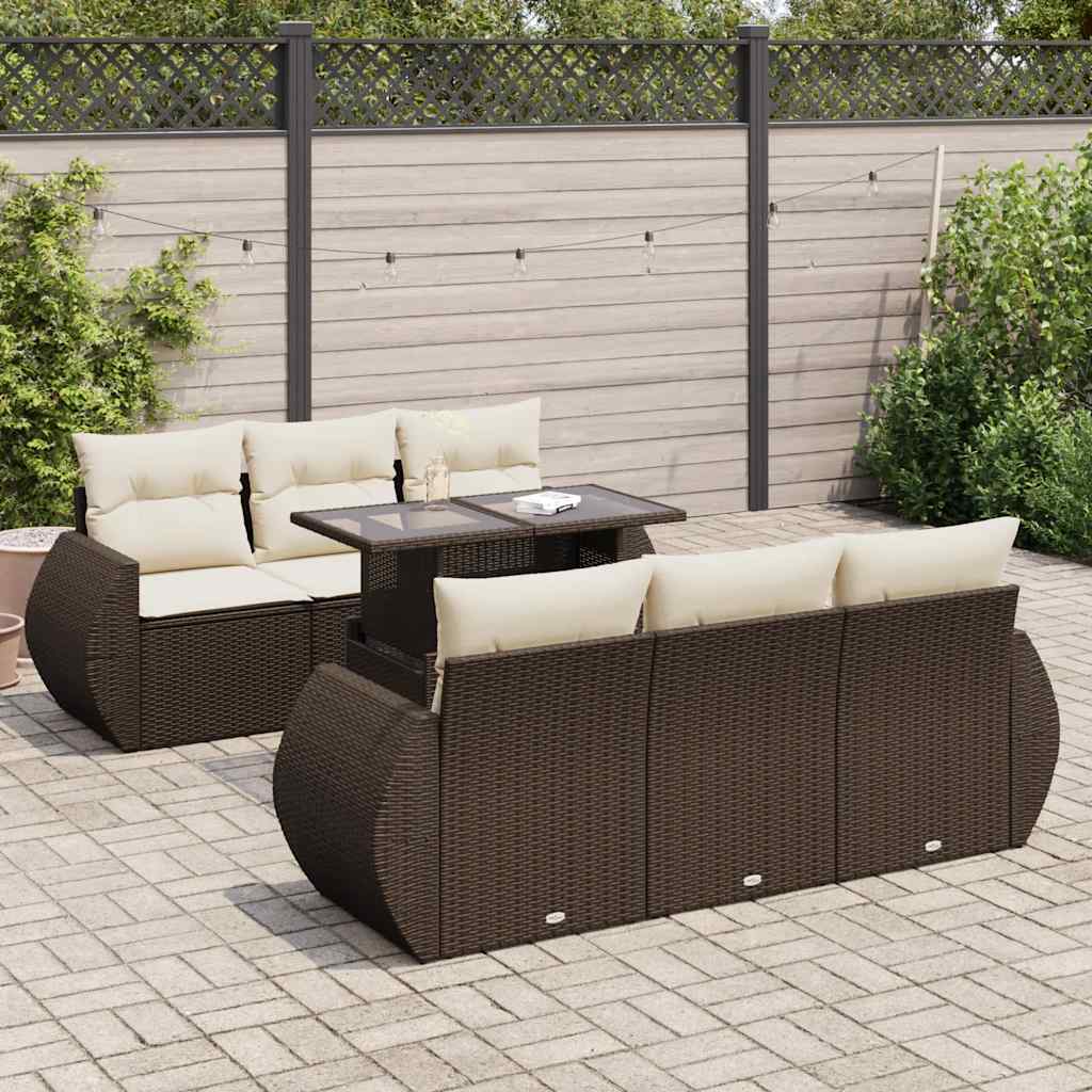 7 Pcs conjunto de sofás jardim c/ almofadões vime PE castanho