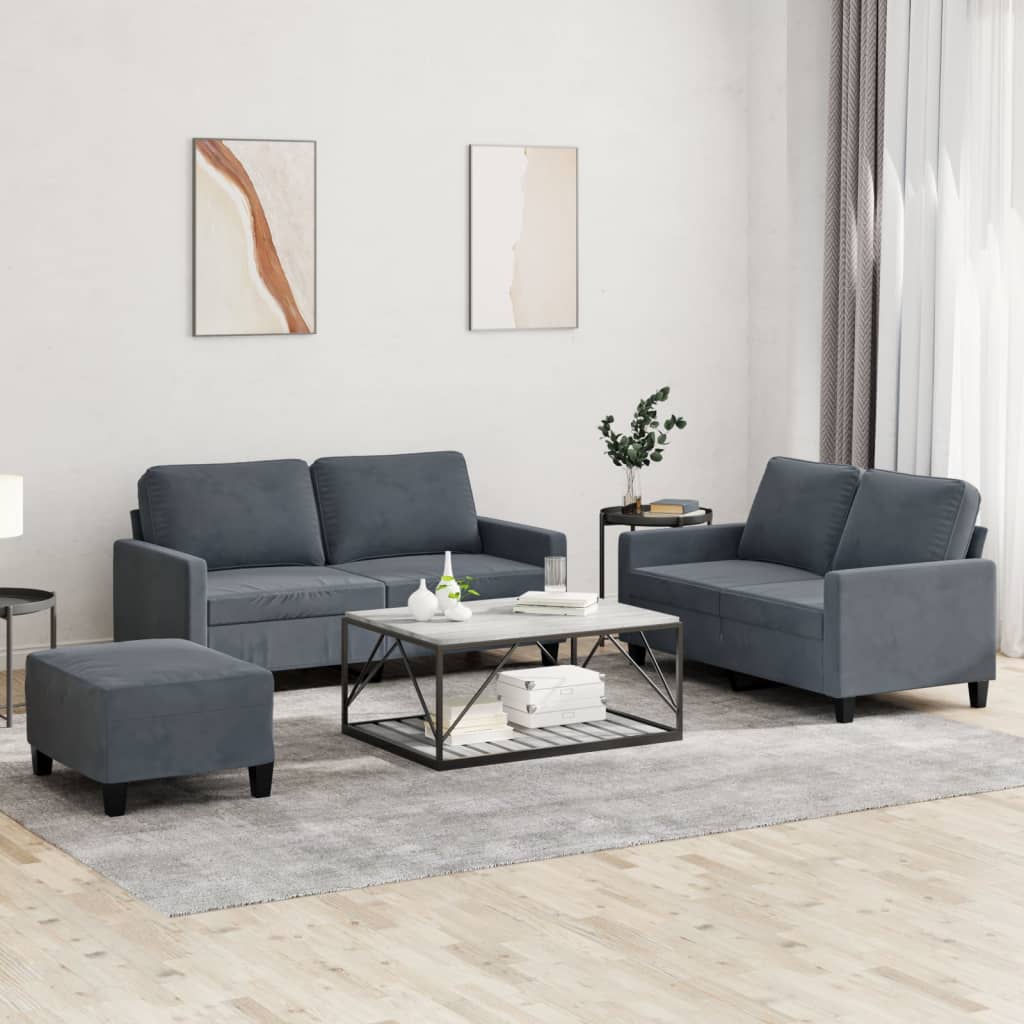 3 Pcs conjunto de sofás com almofadões veludo cinzento-escuro