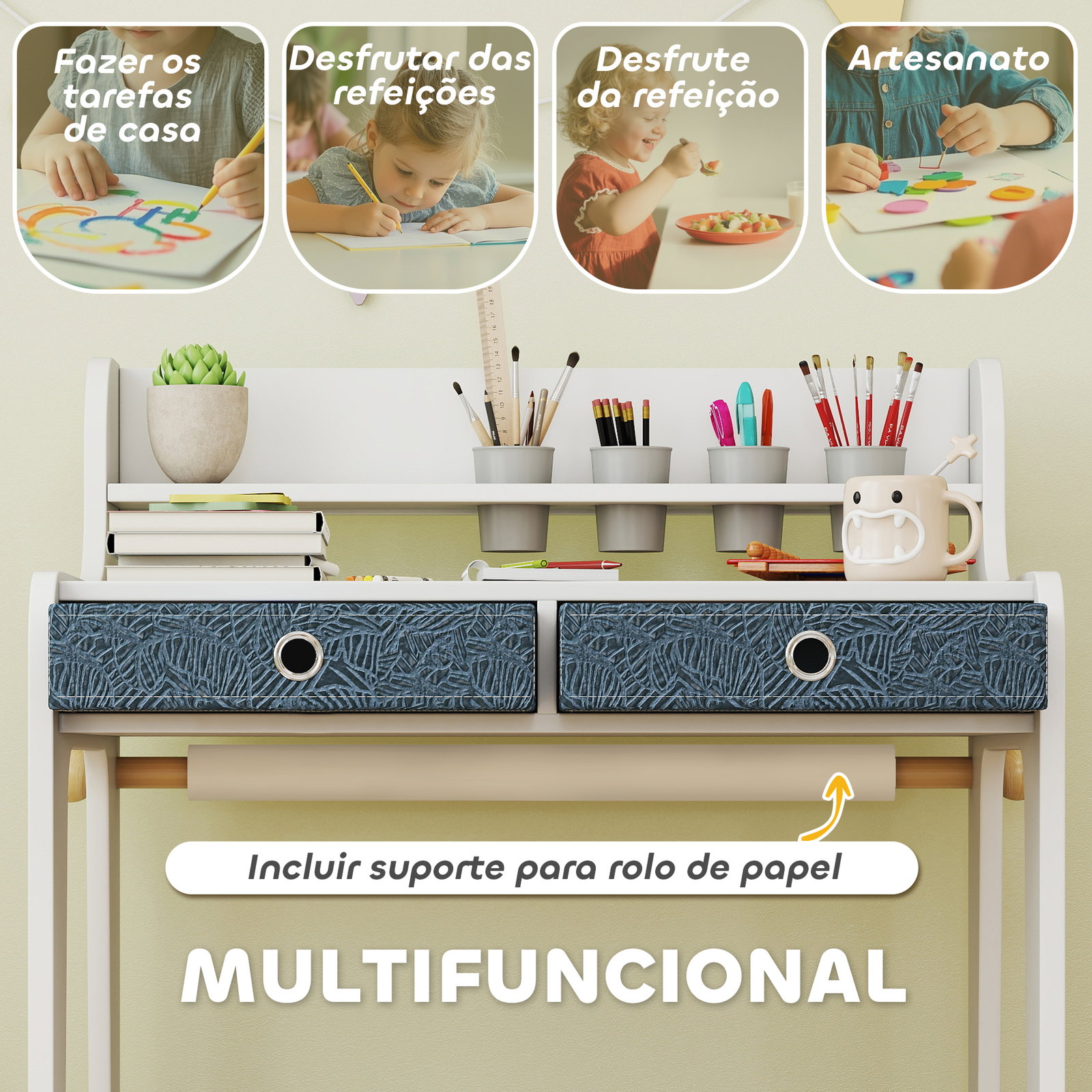 Secretária para crianças com 2 gavetas extraíveis estante e porta-copos para estudar ler e desenhar e cadeira branco