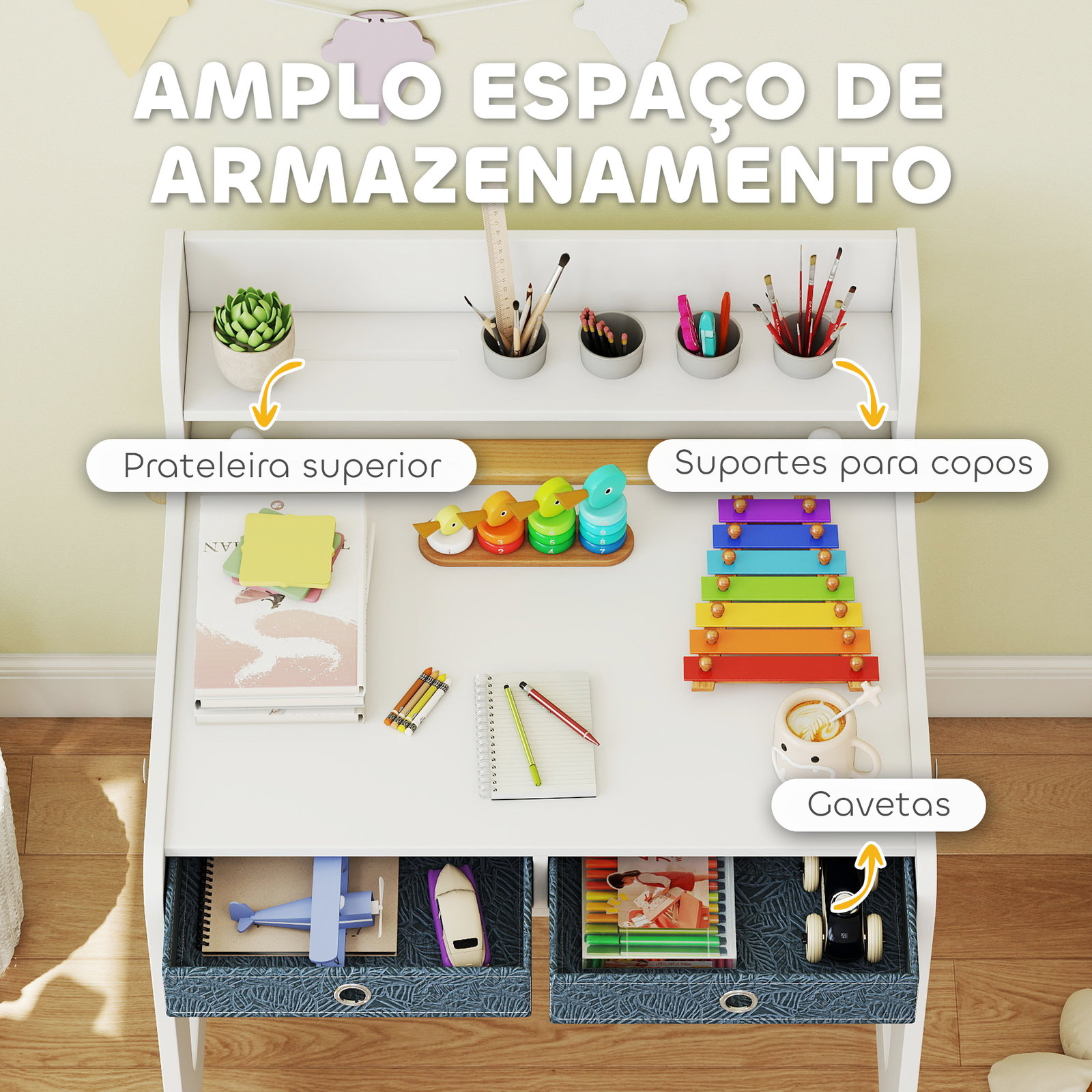 Secretária para crianças com 2 gavetas extraíveis estante e porta-copos para estudar ler e desenhar e cadeira branco