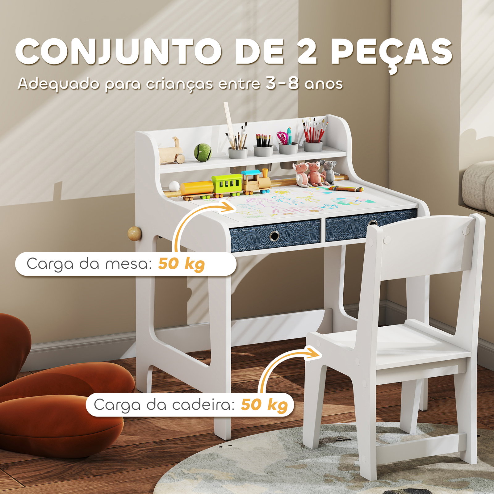 Secretária para crianças com 2 gavetas extraíveis estante e porta-copos para estudar ler e desenhar e cadeira branco