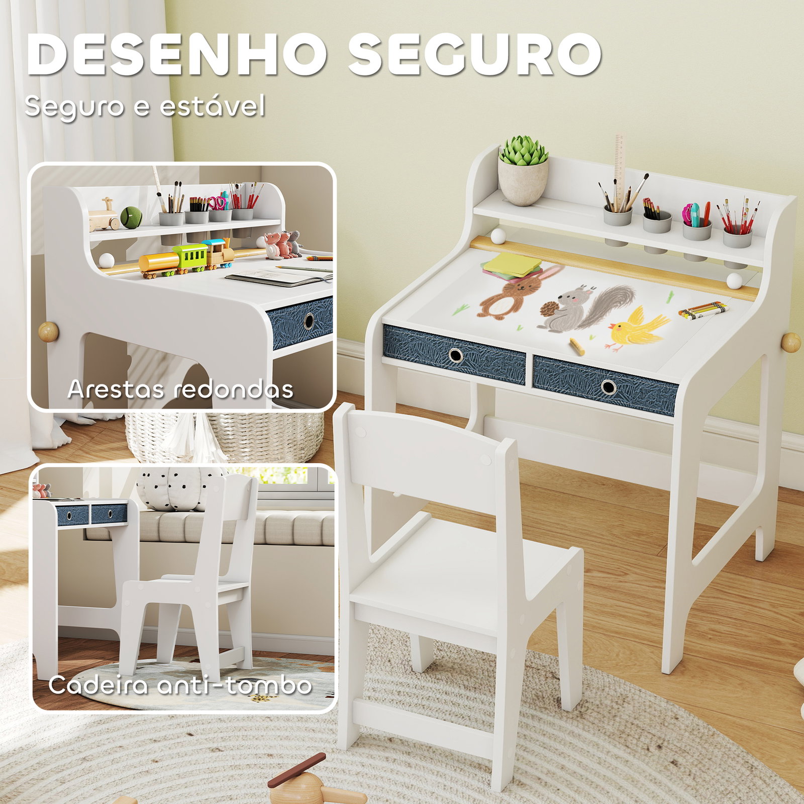 Secretária para crianças com 2 gavetas extraíveis estante e porta-copos para estudar ler e desenhar e cadeira branco