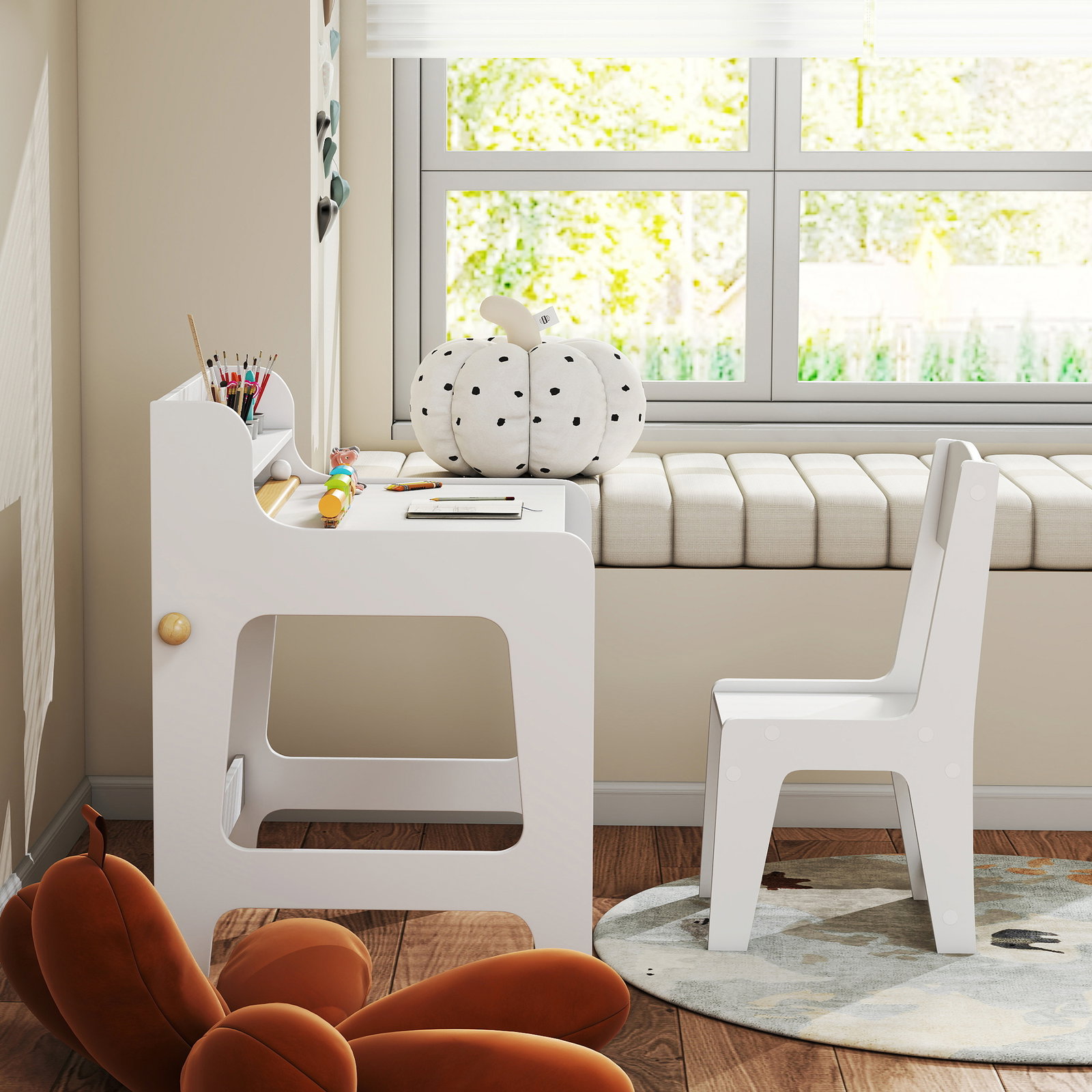 Secretária para crianças com 2 gavetas extraíveis estante e porta-copos para estudar ler e desenhar e cadeira branco