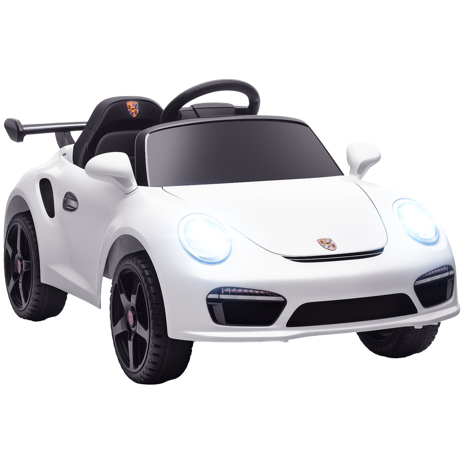 Carro elétrico para crianças de polícia 12v com motor duplo sirene música sem fios buzina rodas auxiliares e faróis LED 105x58x49 cm branco