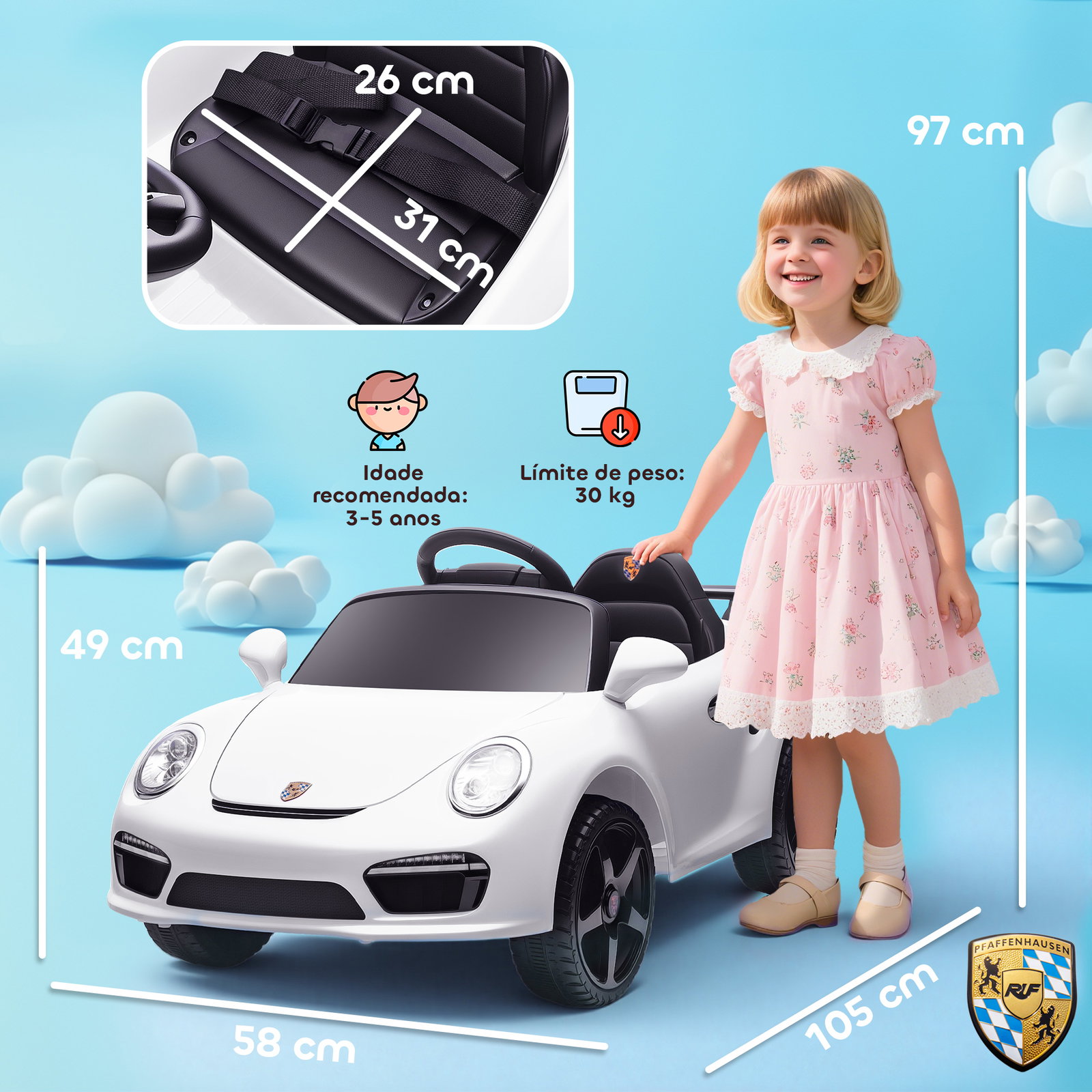Carro elétrico para crianças de polícia 12v com motor duplo sirene música sem fios buzina rodas auxiliares e faróis LED 105x58x49 cm branco