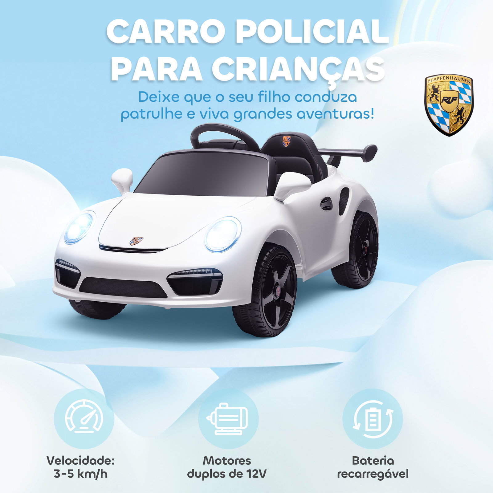 Carro elétrico para crianças de polícia 12v com motor duplo sirene música sem fios buzina rodas auxiliares e faróis LED 105x58x49 cm branco