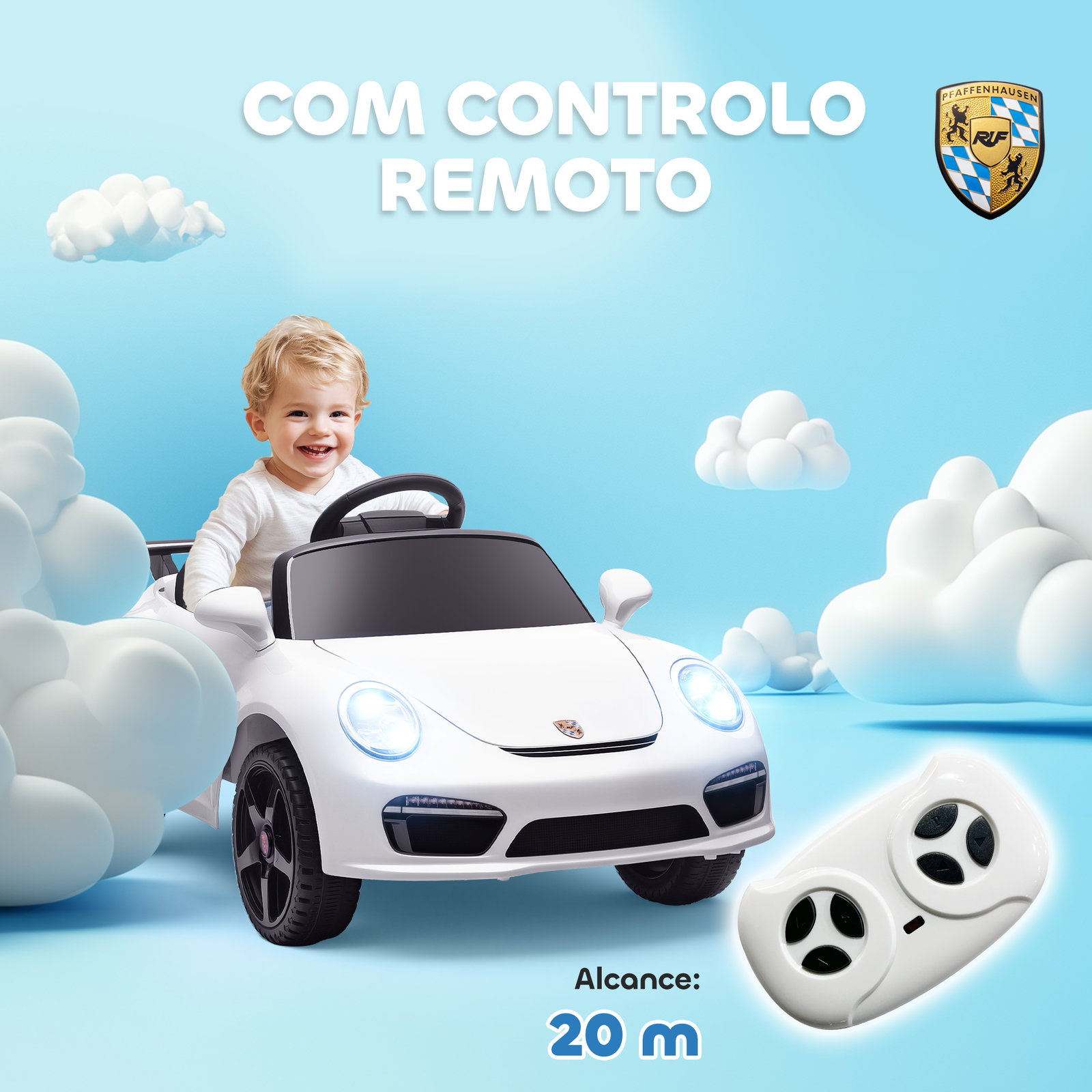 Carro elétrico para crianças de polícia 12v com motor duplo sirene música sem fios buzina rodas auxiliares e faróis LED 105x58x49 cm branco
