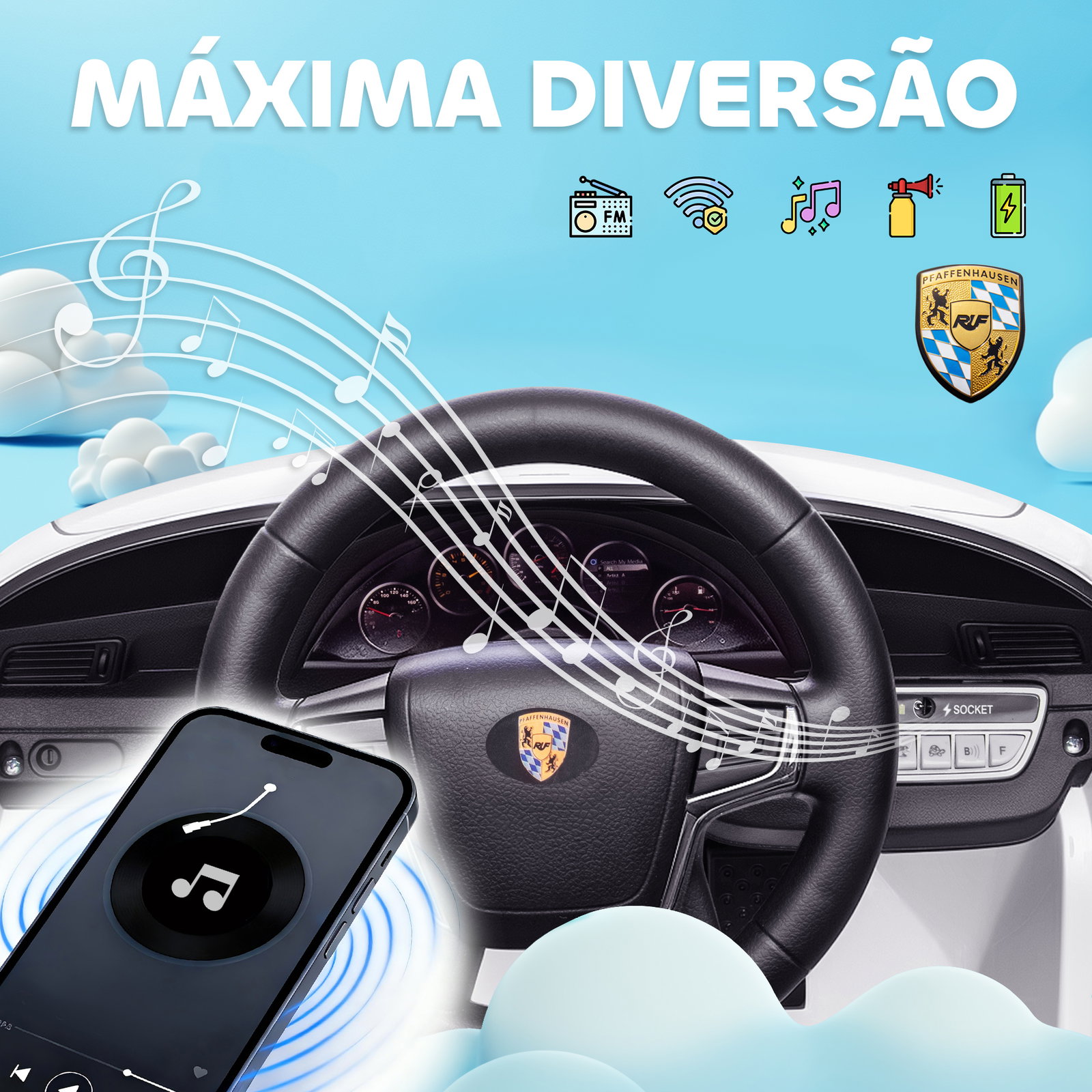 Carro elétrico para crianças de polícia 12v com motor duplo sirene música sem fios buzina rodas auxiliares e faróis LED 105x58x49 cm branco