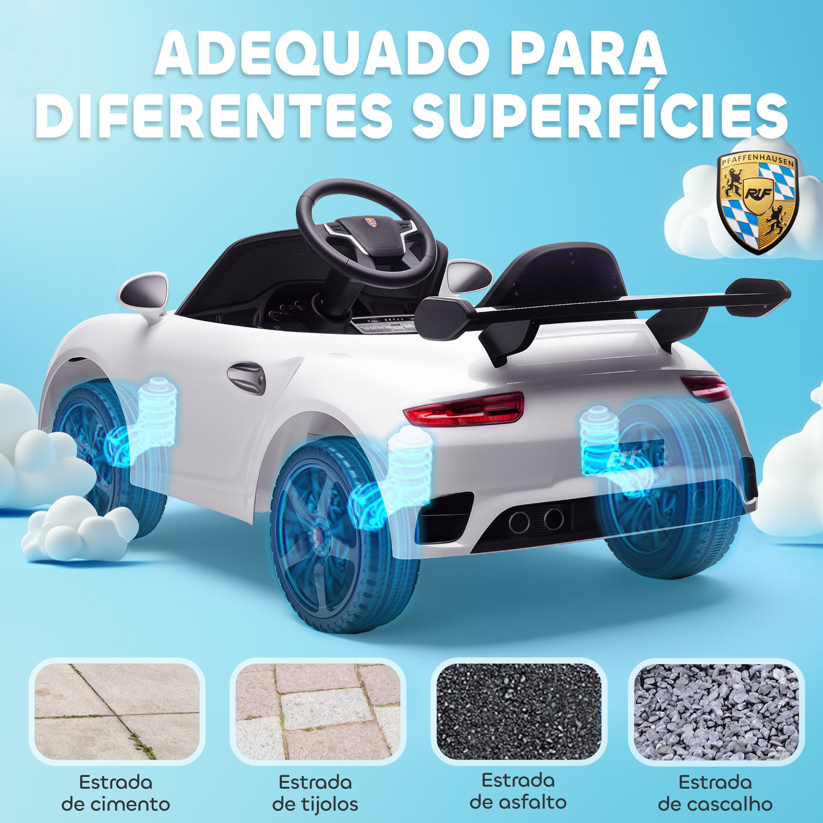 Carro elétrico para crianças de polícia 12v com motor duplo sirene música sem fios buzina rodas auxiliares e faróis LED 105x58x49 cm branco