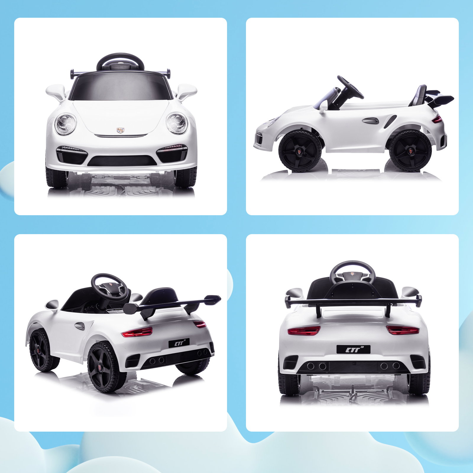 Carro elétrico para crianças de polícia 12v com motor duplo sirene música sem fios buzina rodas auxiliares e faróis LED 105x58x49 cm branco