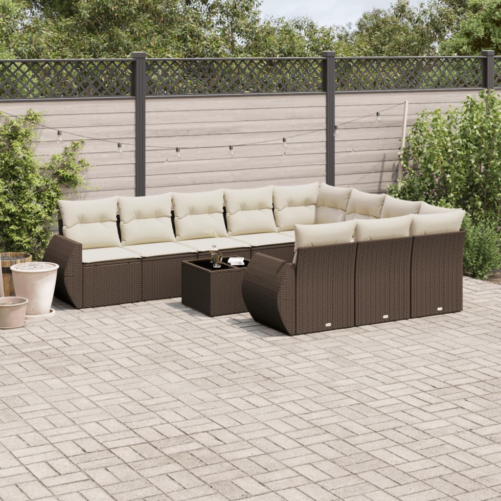 11 Pcs conjunto sofás de jardim c/ almofadões vime PE castanho