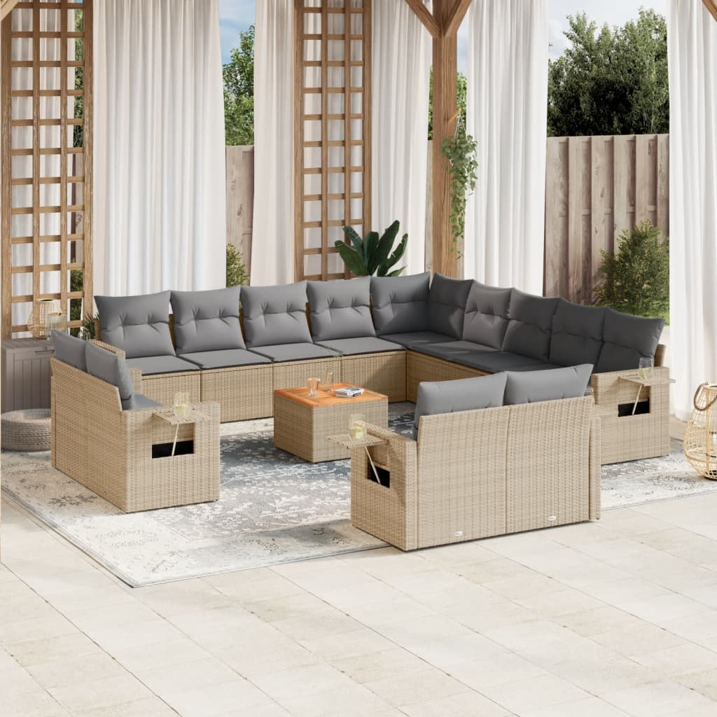 14 Pcs conjunto de sofás p/ jardim com almofadões vime PE bege