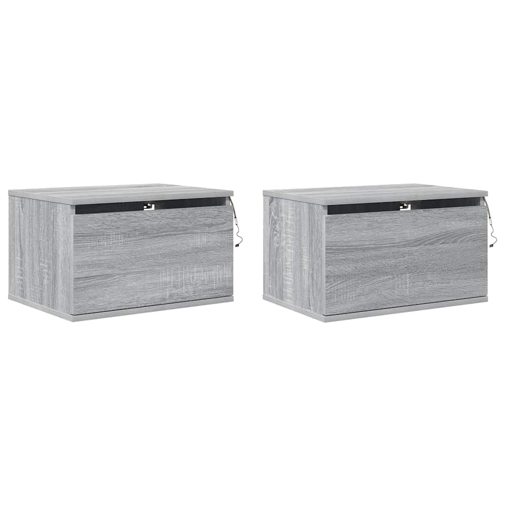 Mesas de cabeceira de parede com luzes LED 2pcs cinzento sonoma