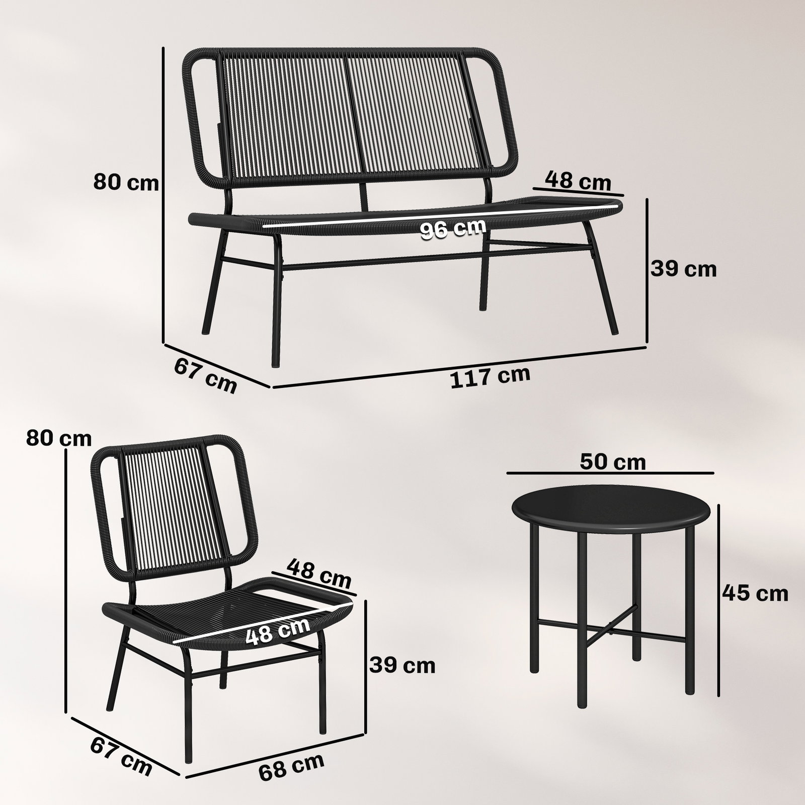 Conjunto jardim de vime com 4 peças inclui sofá de 2 lugares 2 poltronas e mesa de centro com tampo metálico preto