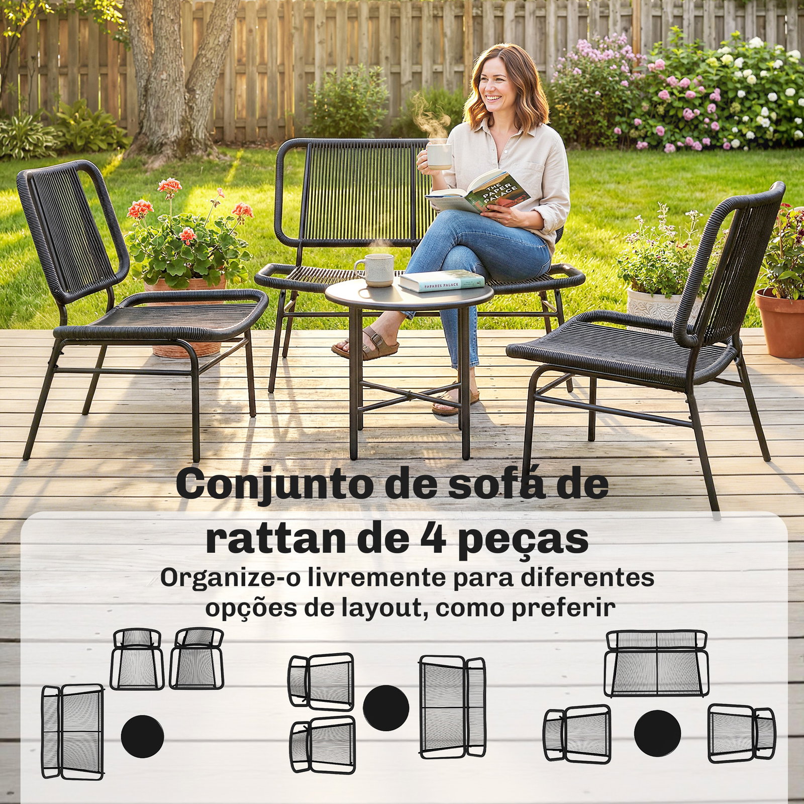 Conjunto jardim de vime com 4 peças inclui sofá de 2 lugares 2 poltronas e mesa de centro com tampo metálico preto