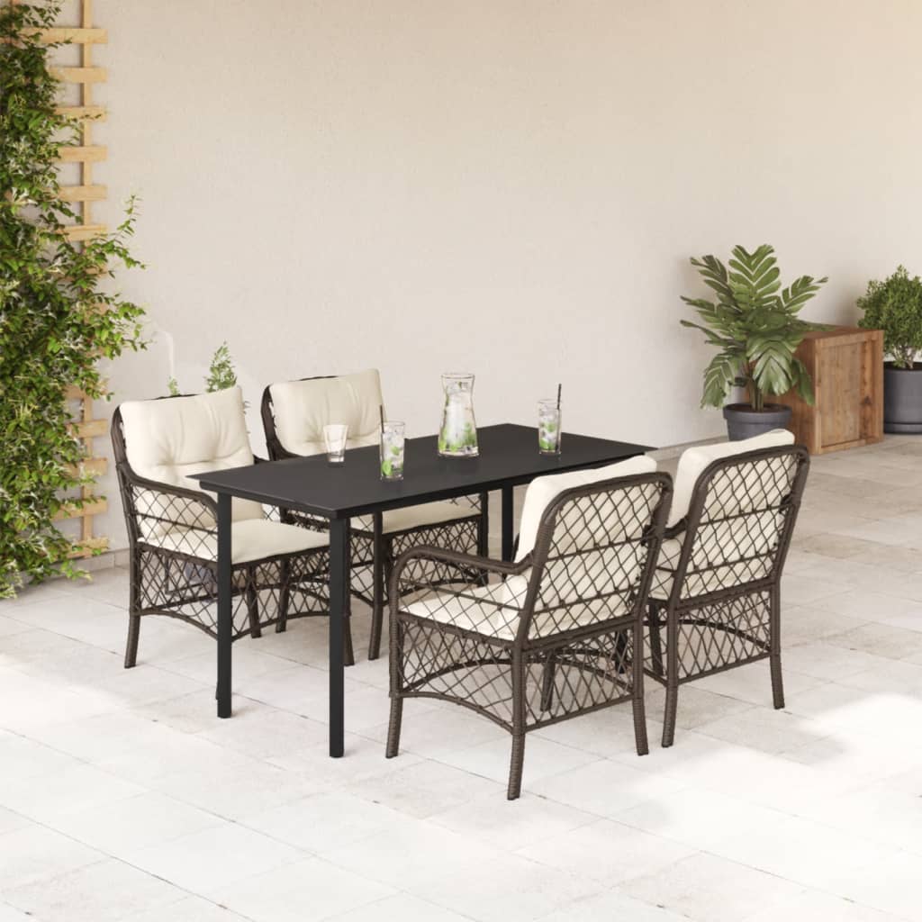 5 Pcs conjunto jantar p/ jardim c/ almofadões vime PE castanho