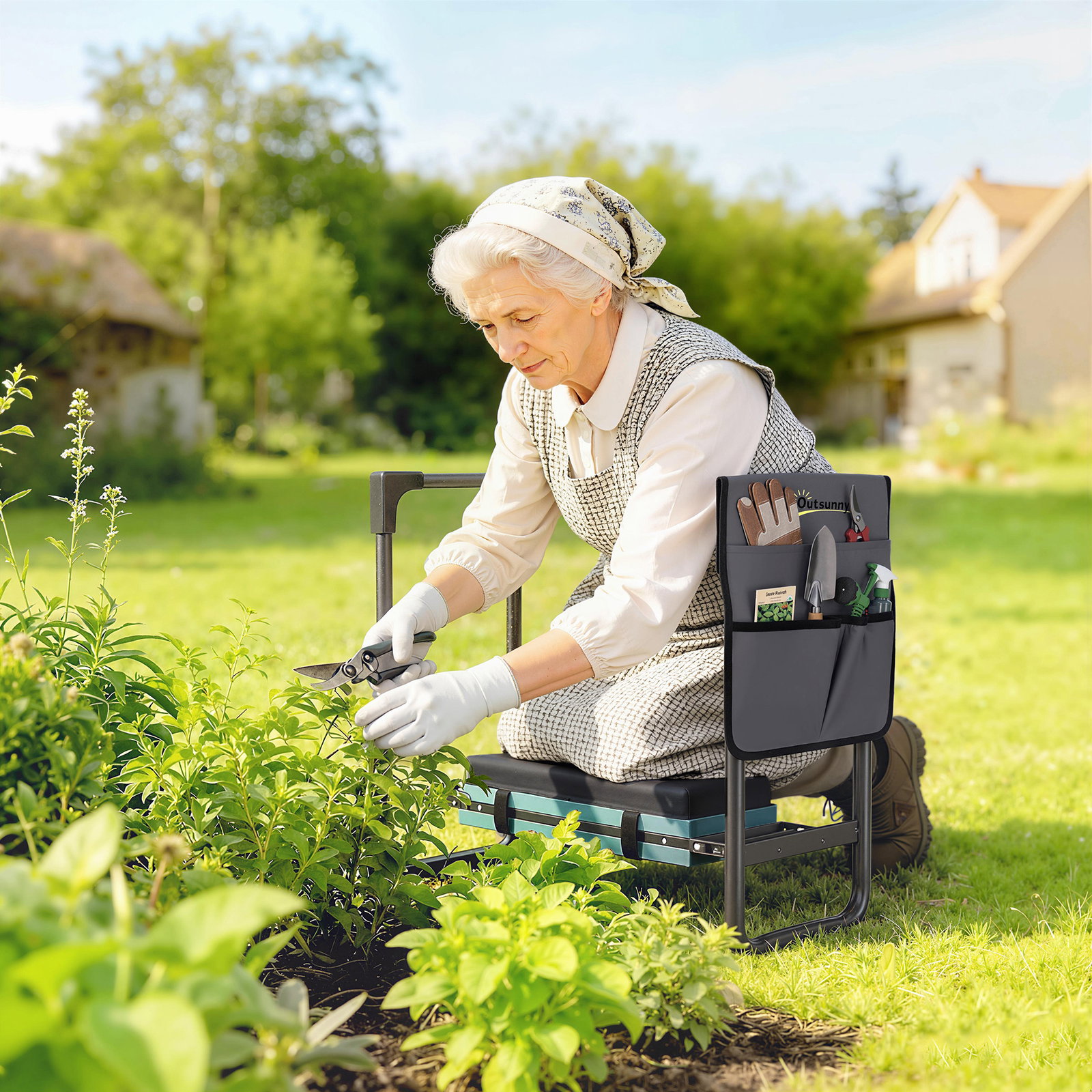Banco de jardim dobrável com almofada de espuma eva assento de jardim com bolsa para ferramentas cinzento escuro