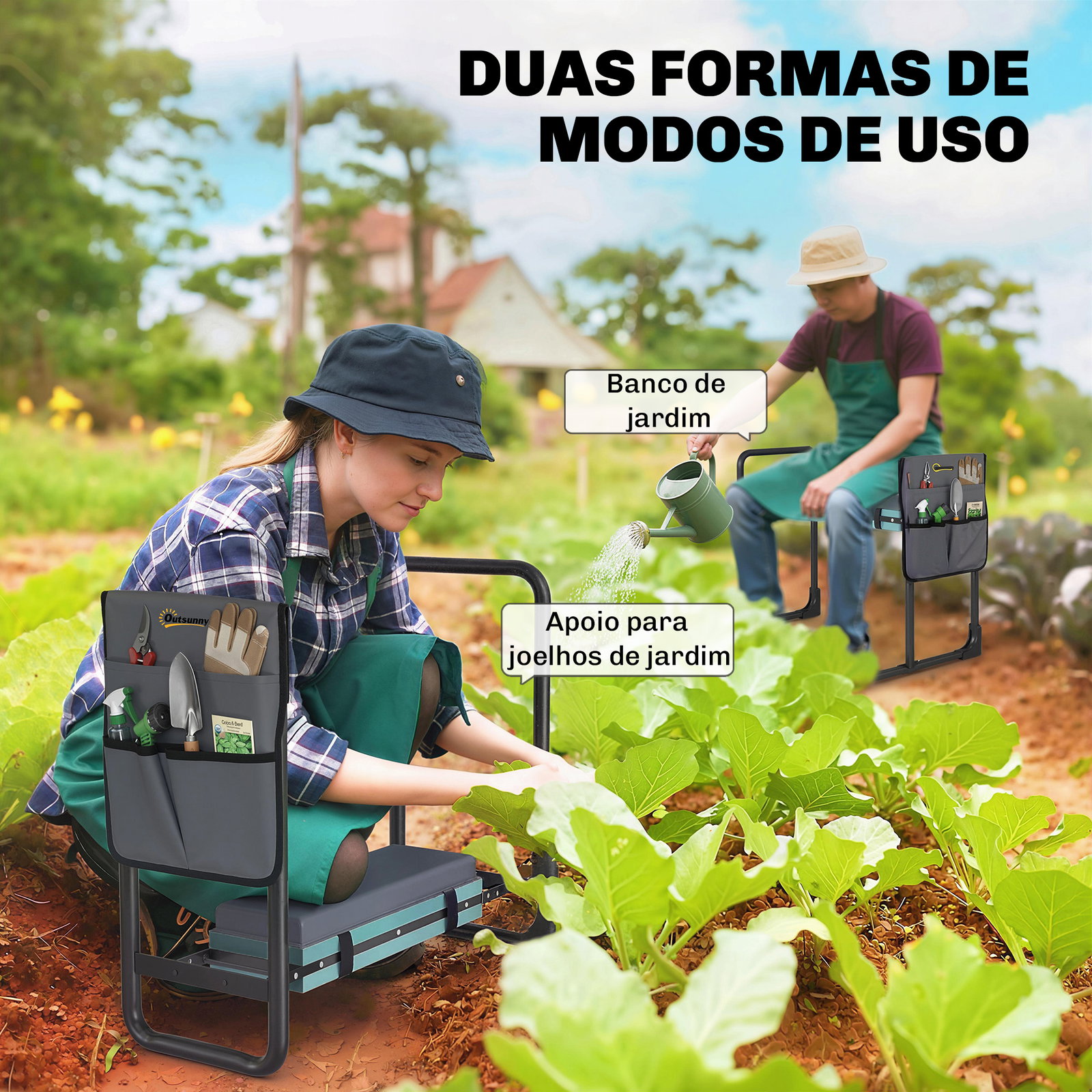 Banco de jardim dobrável com almofada de espuma eva assento de jardim com bolsa para ferramentas cinzento escuro