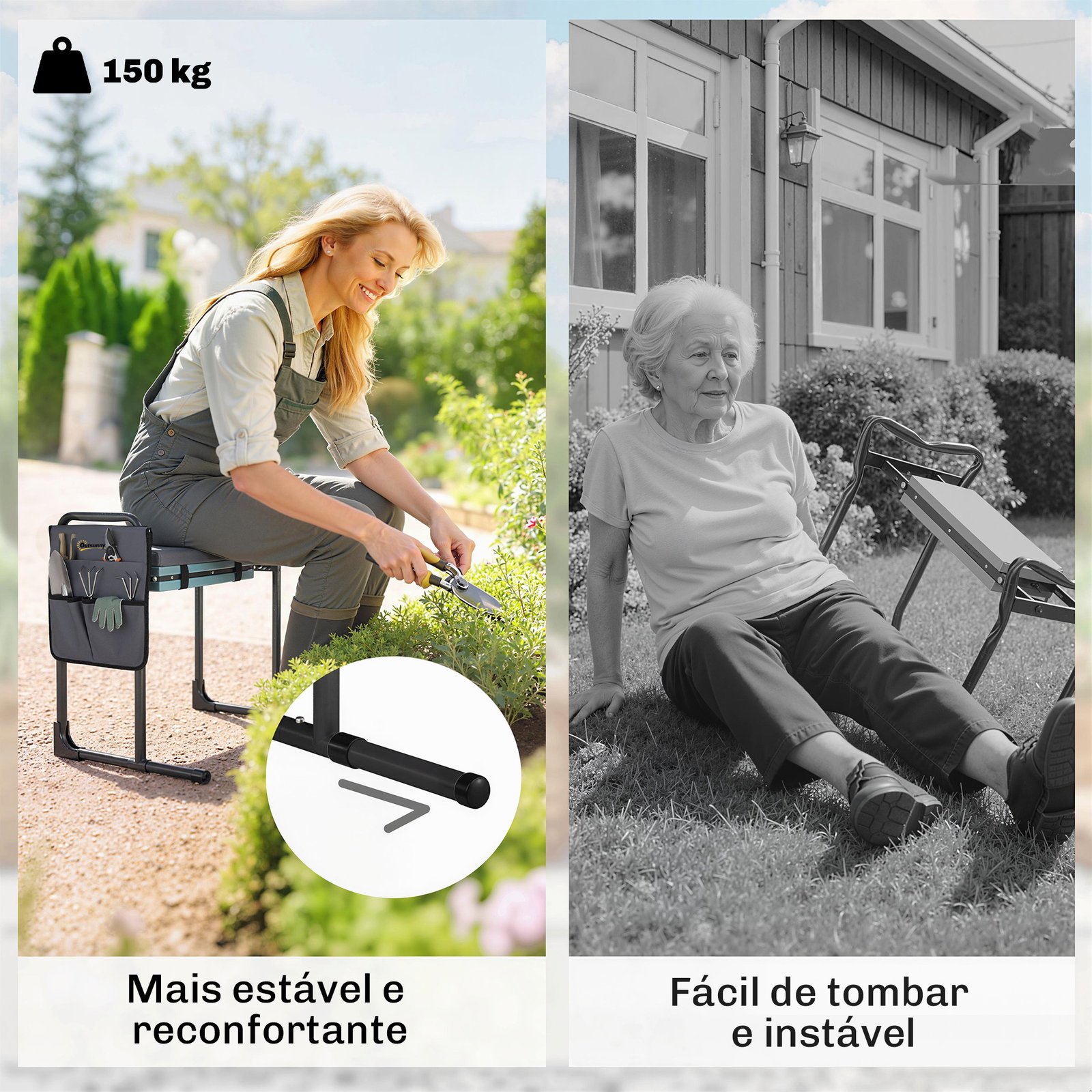 Banco de jardim dobrável com almofada de espuma eva assento de jardim com bolsa para ferramentas cinzento escuro