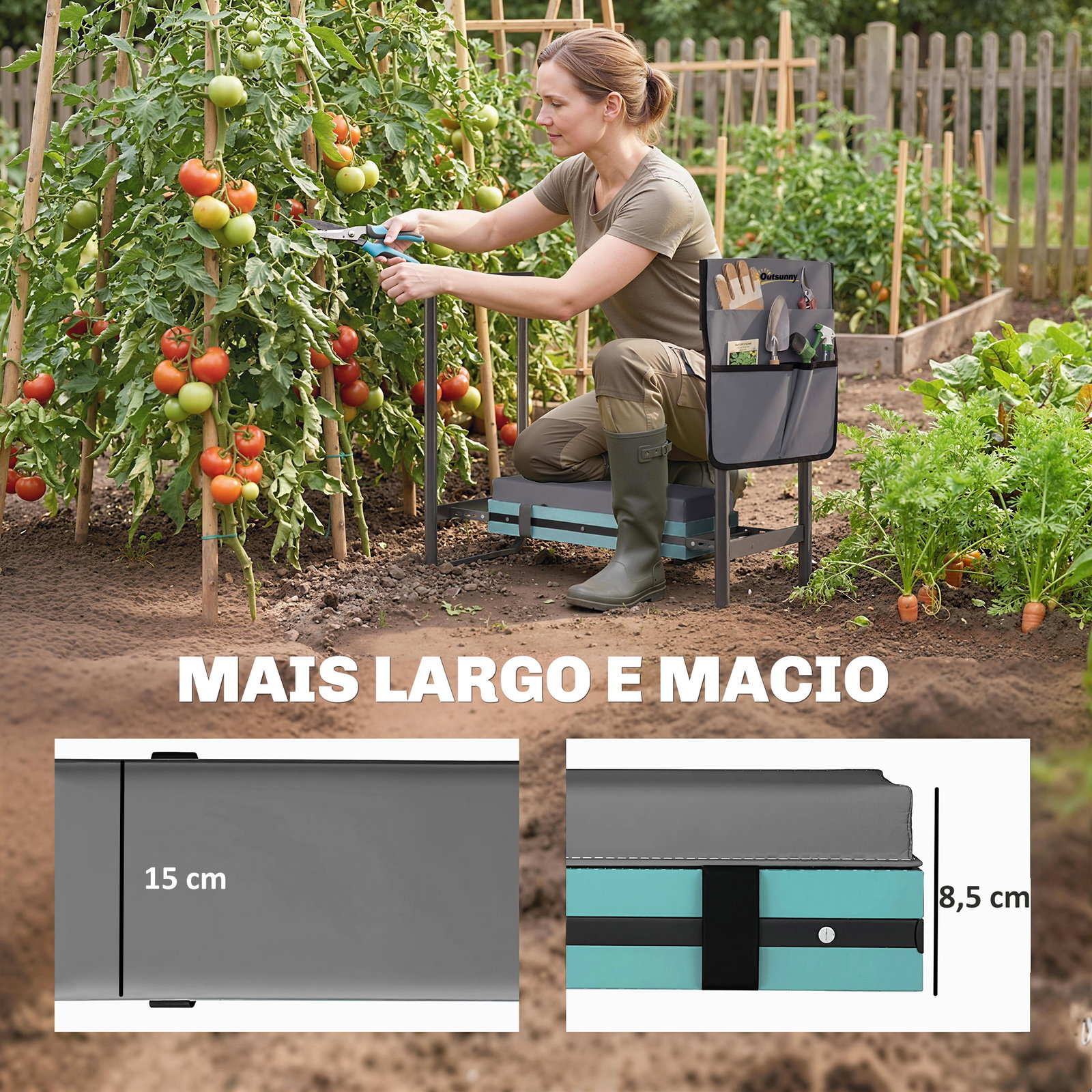 Banco de jardim dobrável com almofada de espuma eva assento de jardim com bolsa para ferramentas cinzento escuro