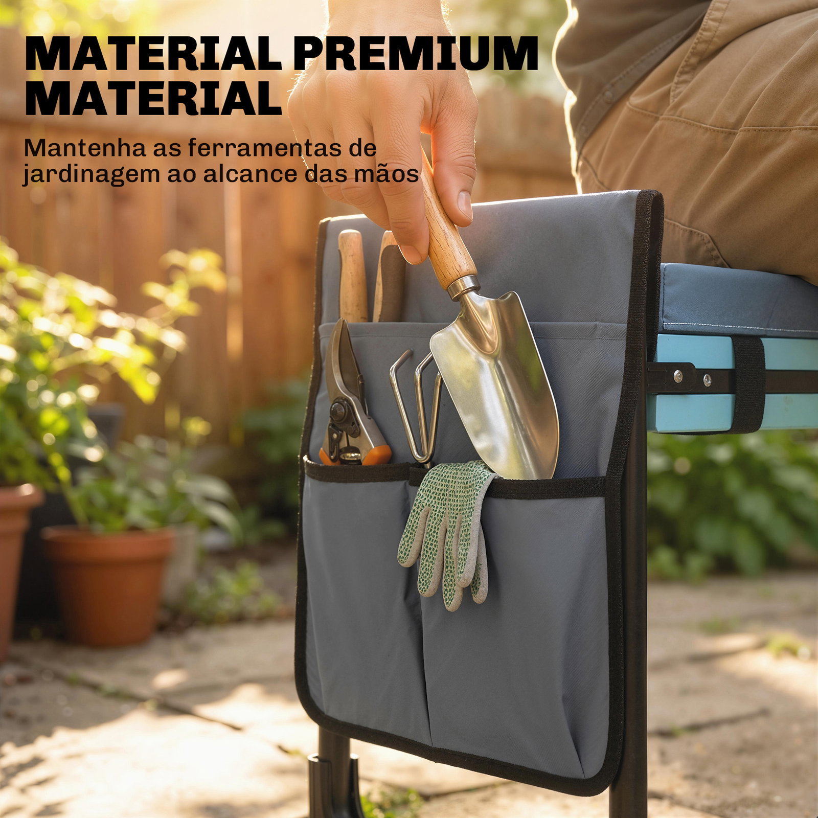 Banco de jardim dobrável com almofada de espuma eva assento de jardim com bolsa para ferramentas cinzento escuro