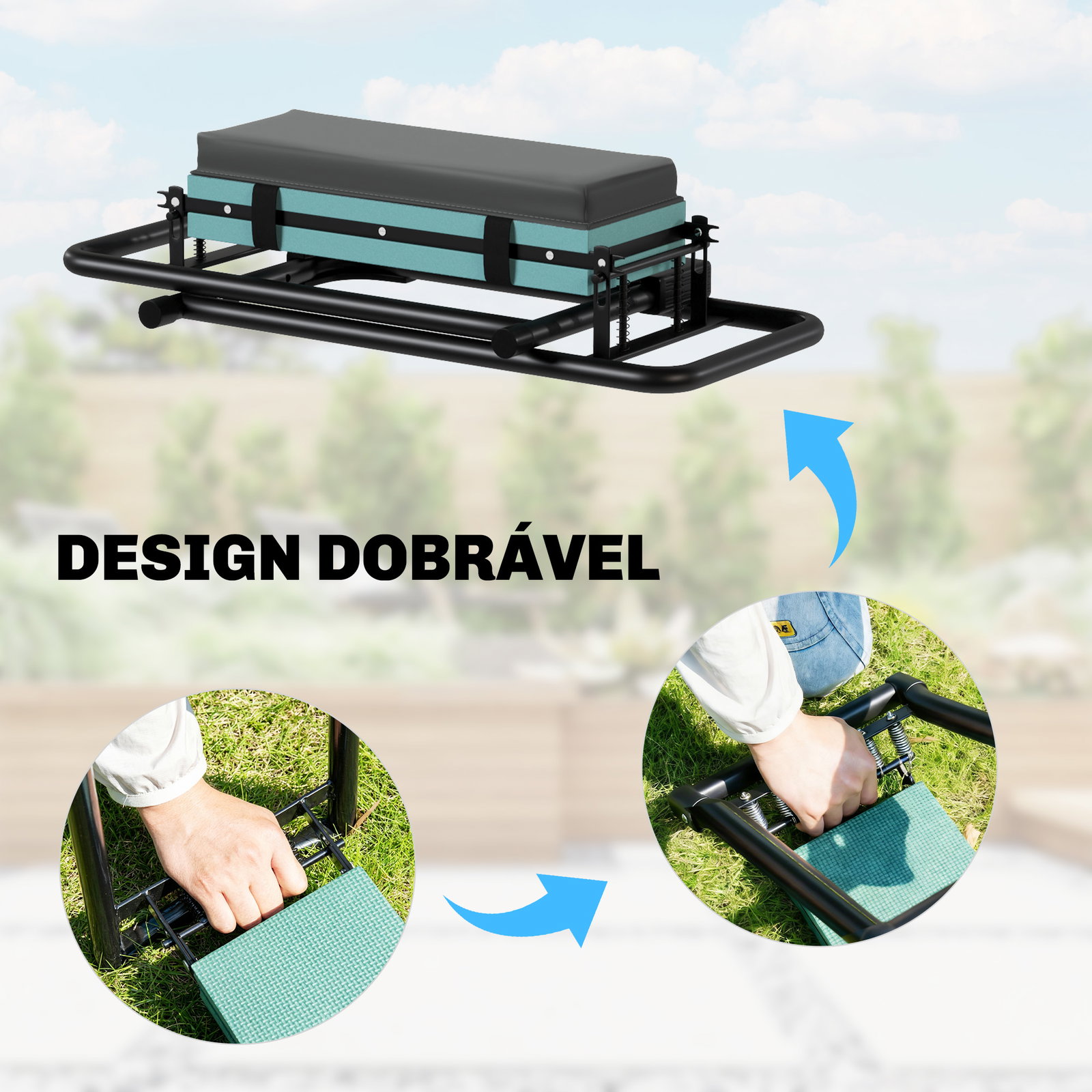 Banco de jardim dobrável com almofada de espuma eva assento de jardim com bolsa para ferramentas cinzento escuro