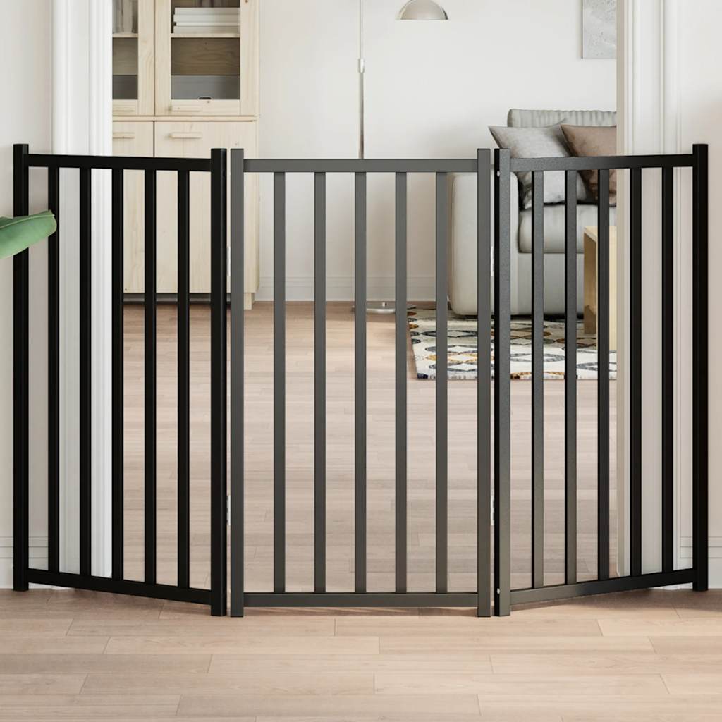 Portão p/ cães dobrável 3 painéis 150 cm abeto maciço preto