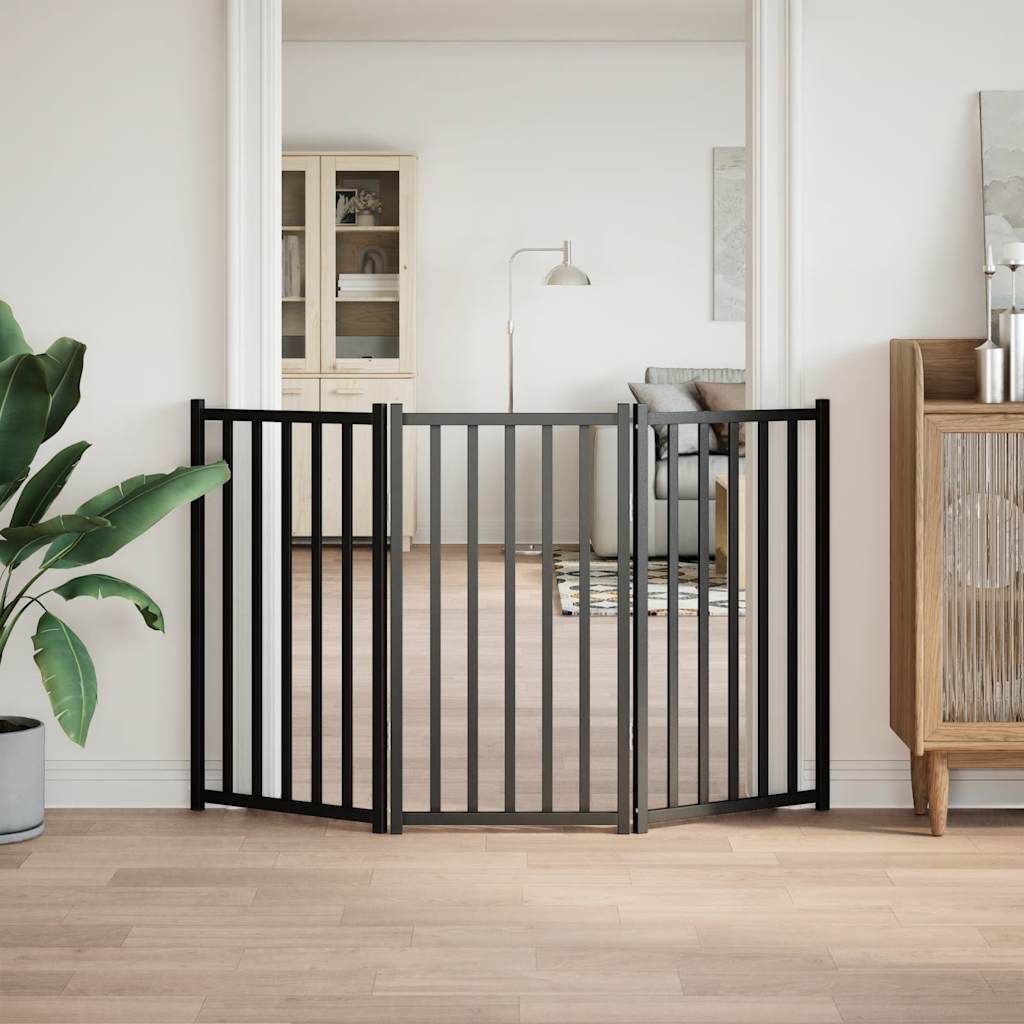 Portão p/ cães dobrável 3 painéis 150 cm abeto maciço preto