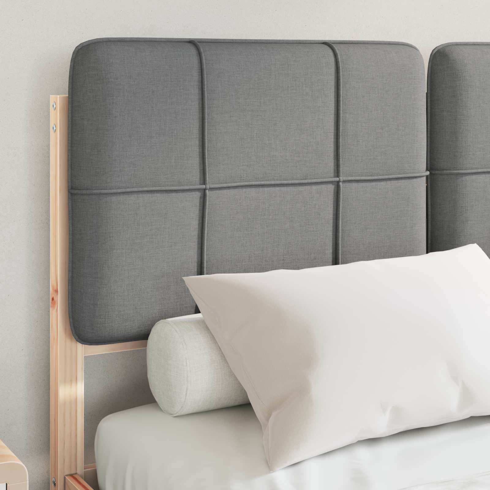 Estrutura de cama com cabeceira estofada cinzento-claro