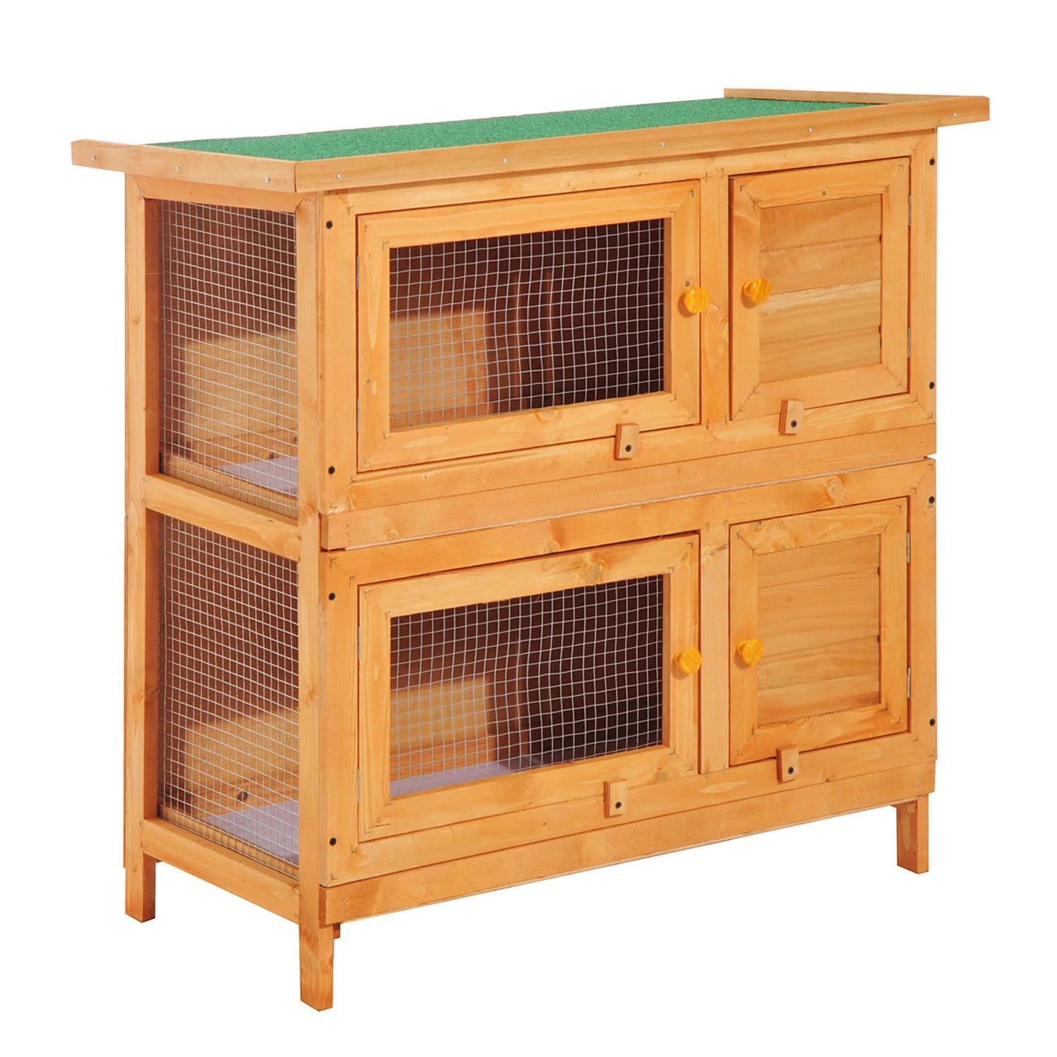 Coelheira de madeira exterior de 2 níveis gaiola para 1-2 coelhos animais pequenos com teto asfáltico dobrável e 2 bandejas removíveis 90x45x90cm madeira