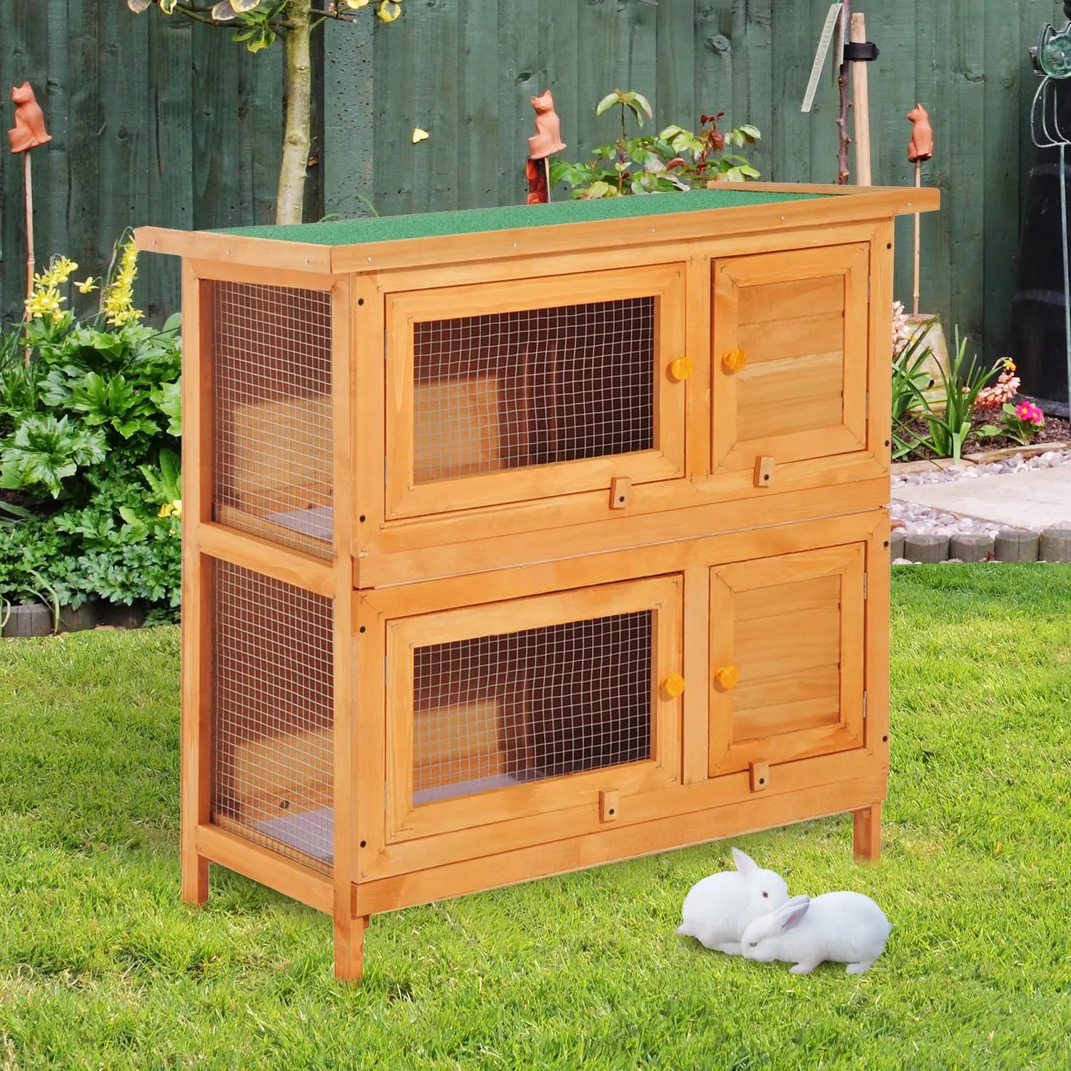 Coelheira de madeira exterior de 2 níveis gaiola para 1-2 coelhos animais pequenos com teto asfáltico dobrável e 2 bandejas removíveis 90x45x90cm madeira