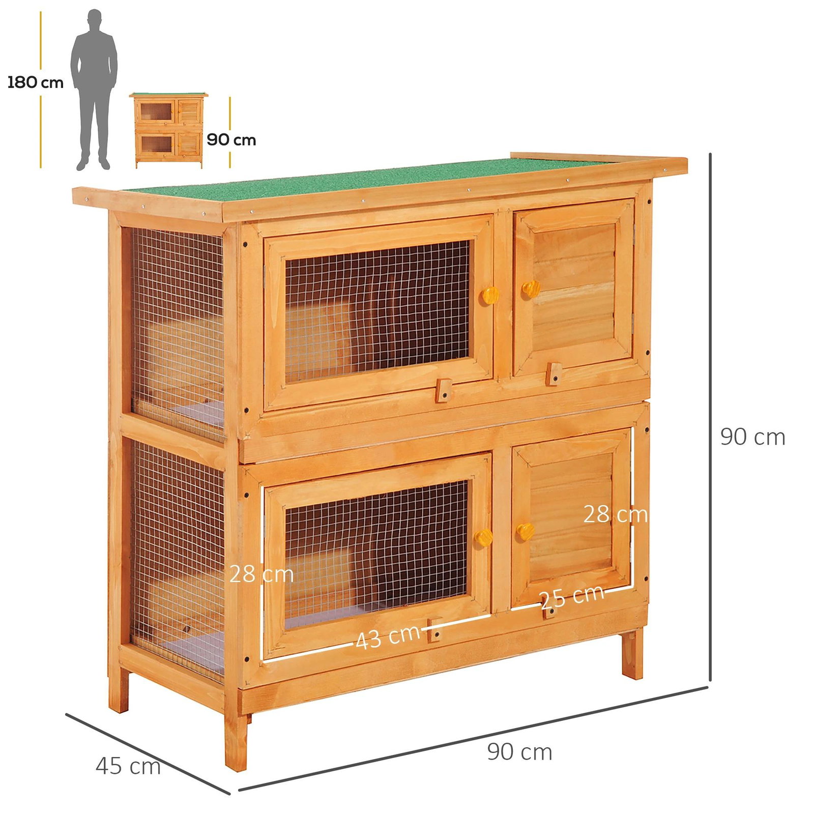 Coelheira de madeira exterior de 2 níveis gaiola para 1-2 coelhos animais pequenos com teto asfáltico dobrável e 2 bandejas removíveis 90x45x90cm madeira