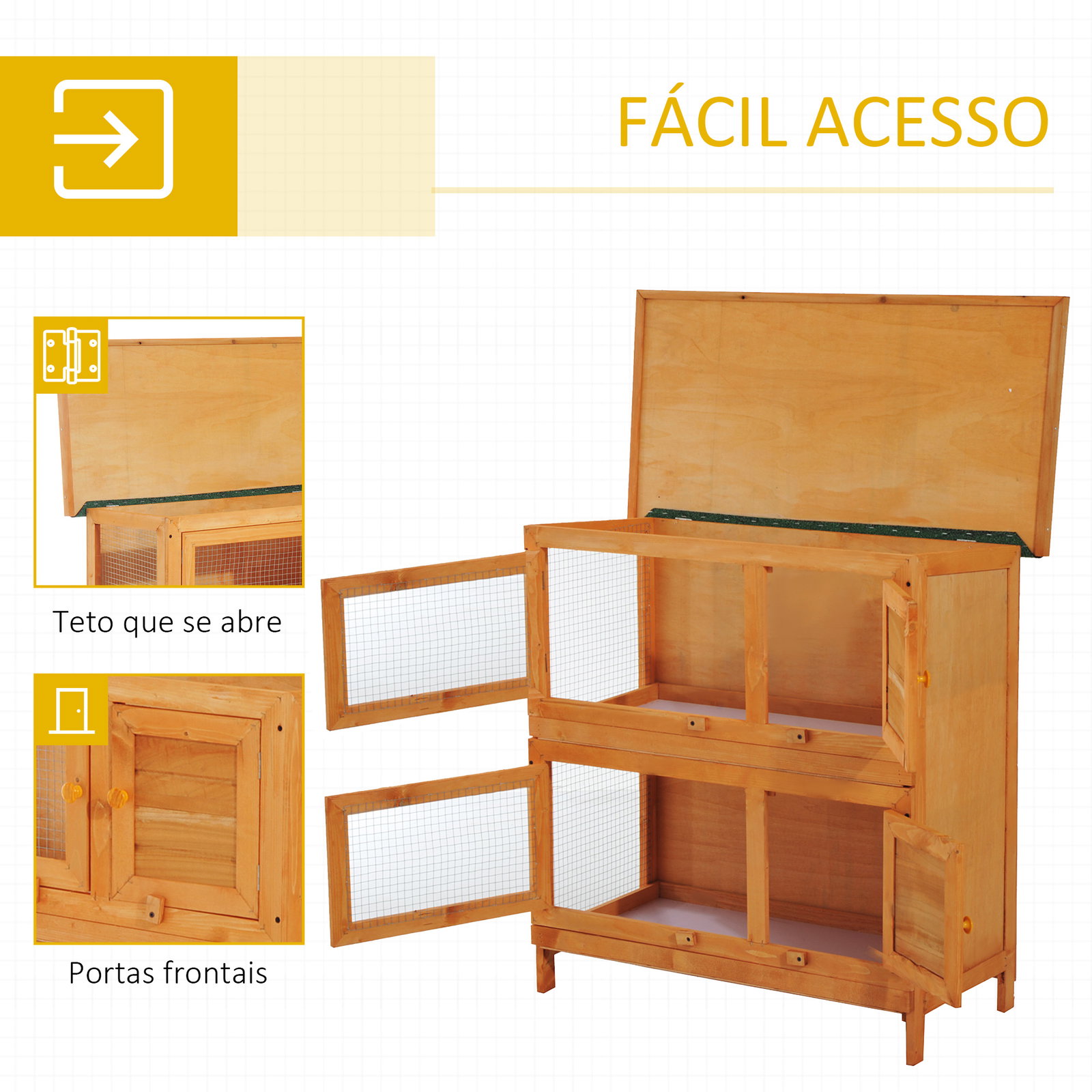 Coelheira de madeira exterior de 2 níveis gaiola para 1-2 coelhos animais pequenos com teto asfáltico dobrável e 2 bandejas removíveis 90x45x90cm madeira